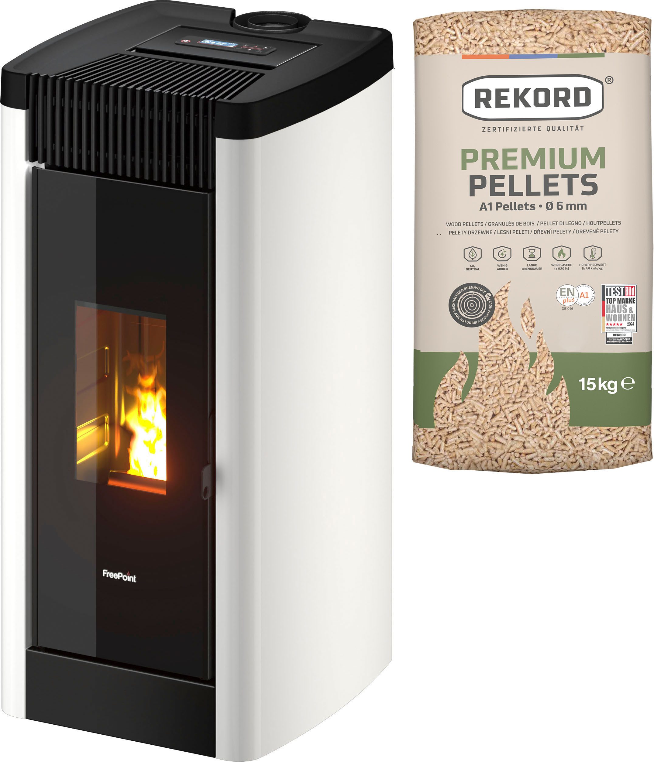 Freepoint Pelletofen Steel 9 Metall weiss, 9,5 kW, Zeitbrand, Integriertes Wi-Fi, AIRTIGHT Dichtes Verbrennungsraum