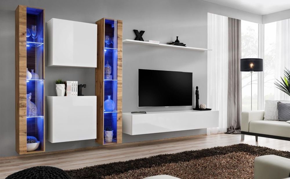 JVmoebel Wohnwand Weiß TV-Ständer Wohnwand Wandschrank Design Wohnzimmermöbel, (7-St), Made in Europa