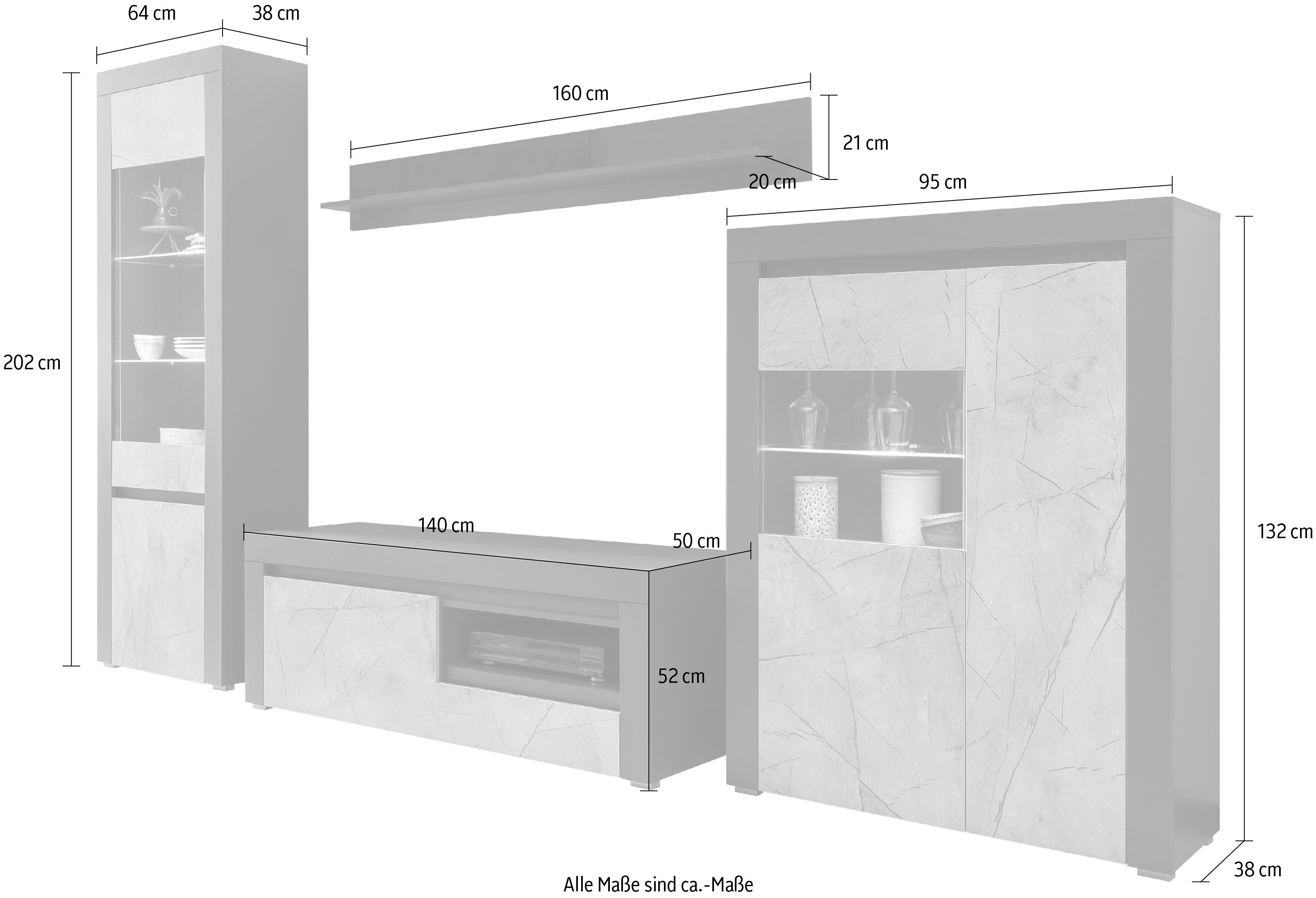 cm Wohnwand bestehend Design, (4-St), in aus 319 Stone Breite Home Marble, grifflosen affaire Möbelstücken, vier