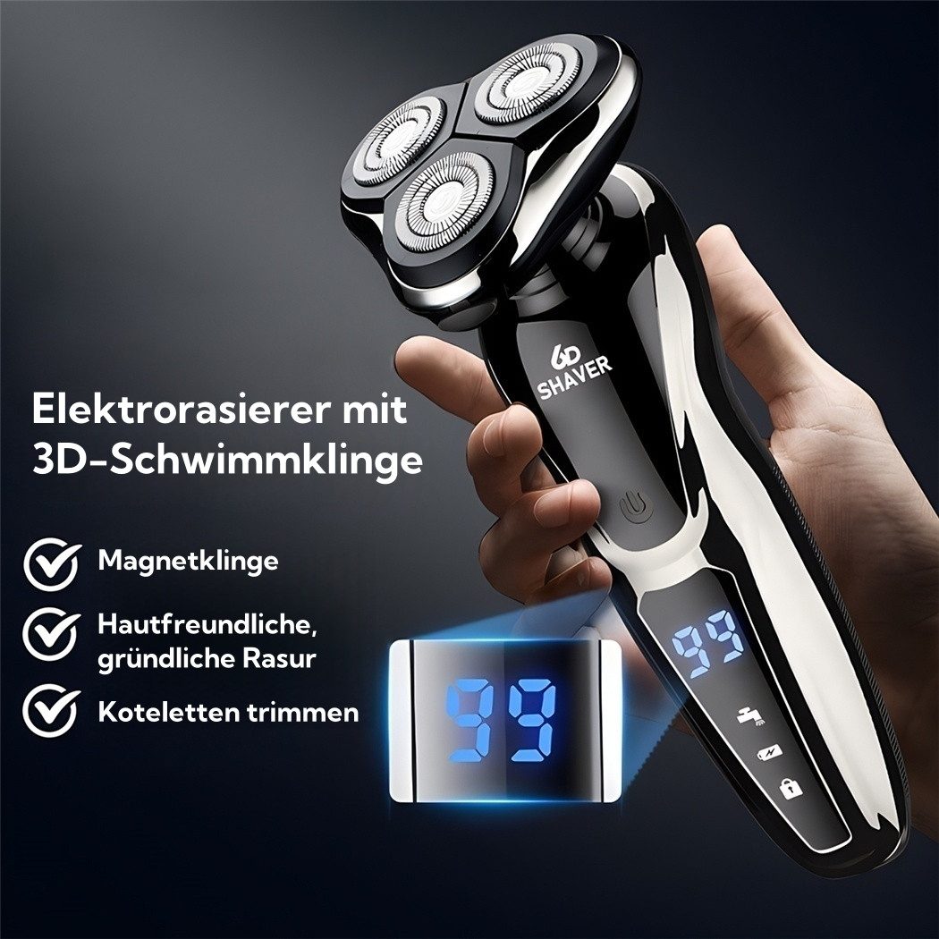 CkeyiN Elektrorasierer 3-in-1 mit schwimmenden Scherköpfen Nasenhaartrimmer Barttrimmer, Aufsätze: 3, IPX7 wasserdicht, magnetischer 3D-Floating-Elektrorasierer – Bild 5 von 5
