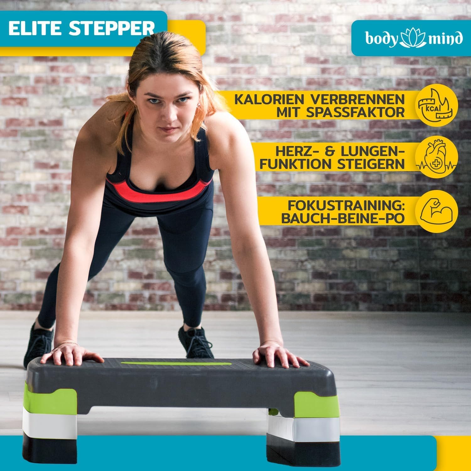 Body & Mind Stepper 3-Step Aerobic Stepper –Rutschfestes Steppbrett für Fitness & Training (Elite-Board, Mehrstufig), Anti-Rutsch-Matte