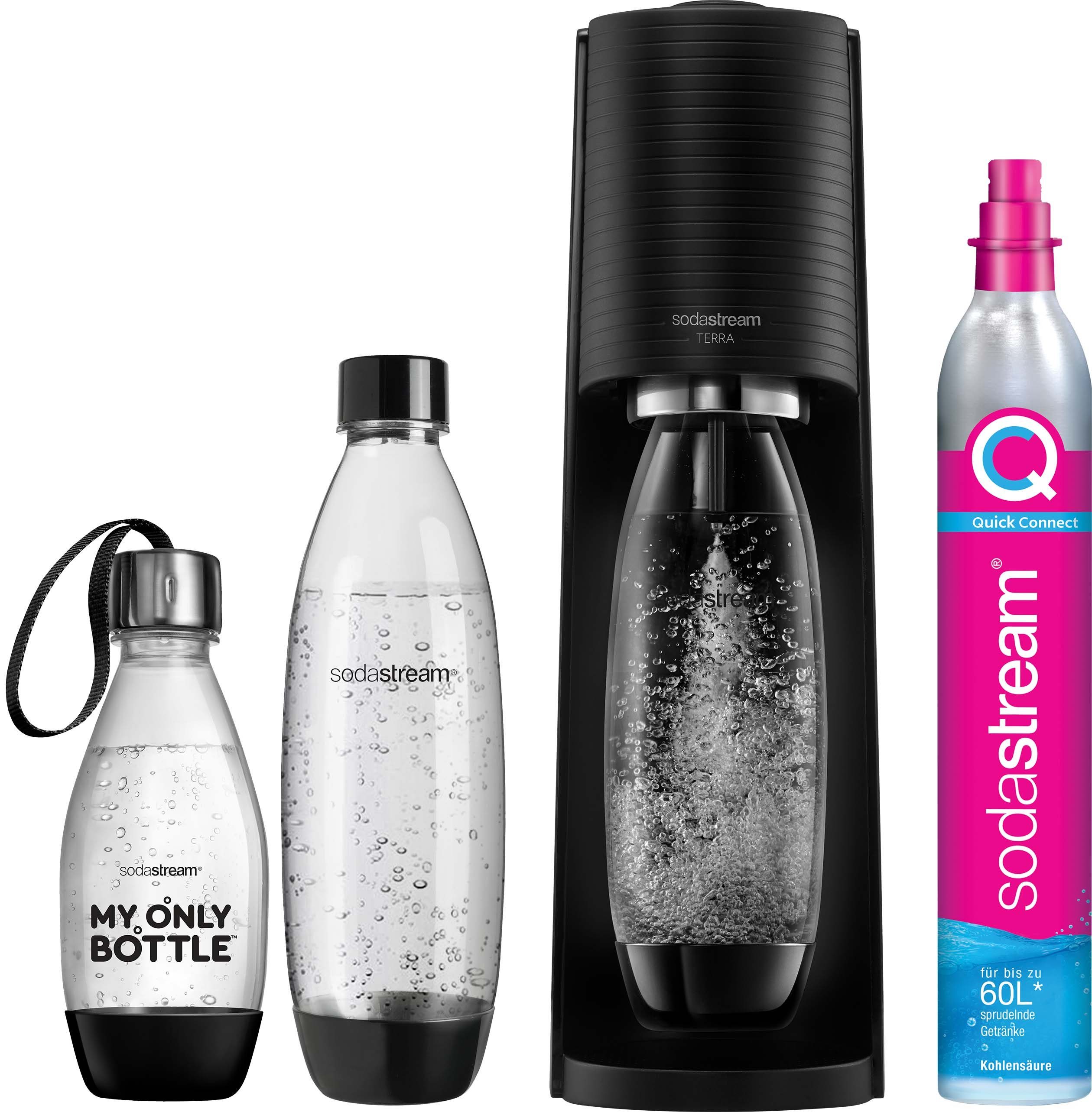 Fühlt sich gut auf der Haut an SodaStream Wassersprudler TERRA schwarz Vorteilspack, &CO2-Zylinder,1L, 0,5 LKunststoff-Flasche