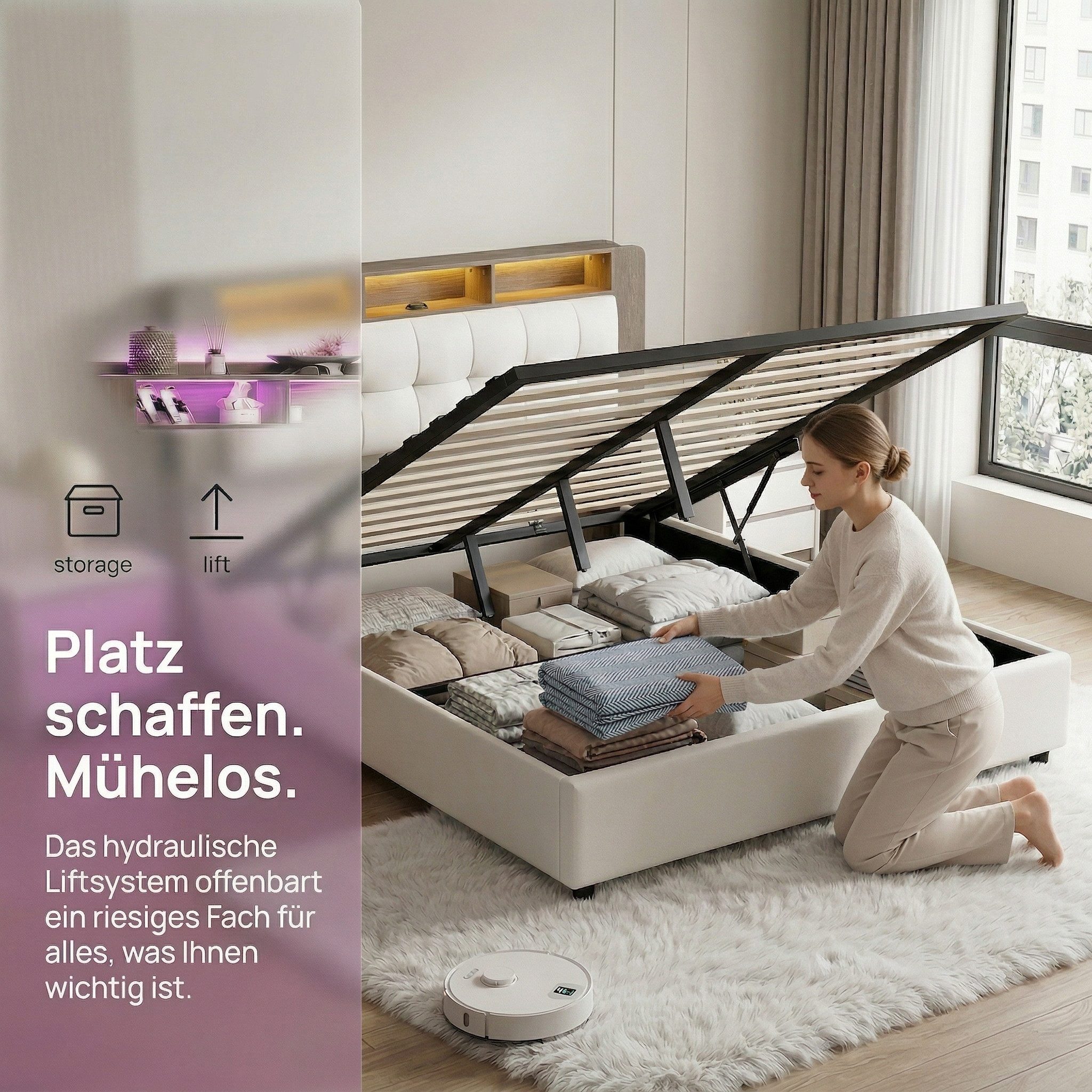 PXloue Polsterbett LED Doppelbett (Kopfteil mit integrierter kabelloser Ladefunktion), Bettkasten, Ladefunktion, Samt, 140x200 cm – Bild 5 von 5