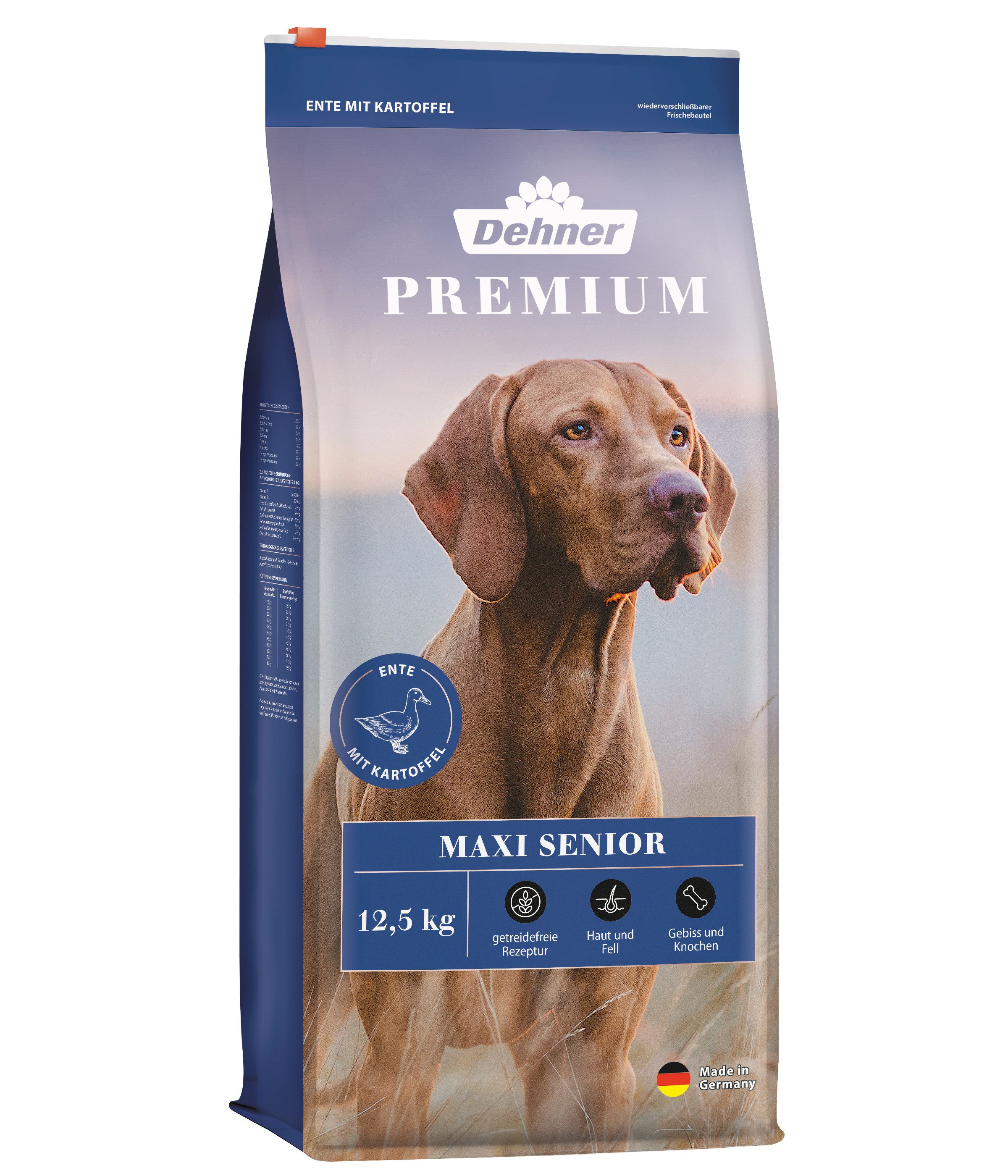 Dehner Premium Maxi Senior Ente / Kartoffel, 4 kg / 12.5 kg, getreidefrei Ente, 12,5g, Trockenfutter für ältere Hunde großer Rassen