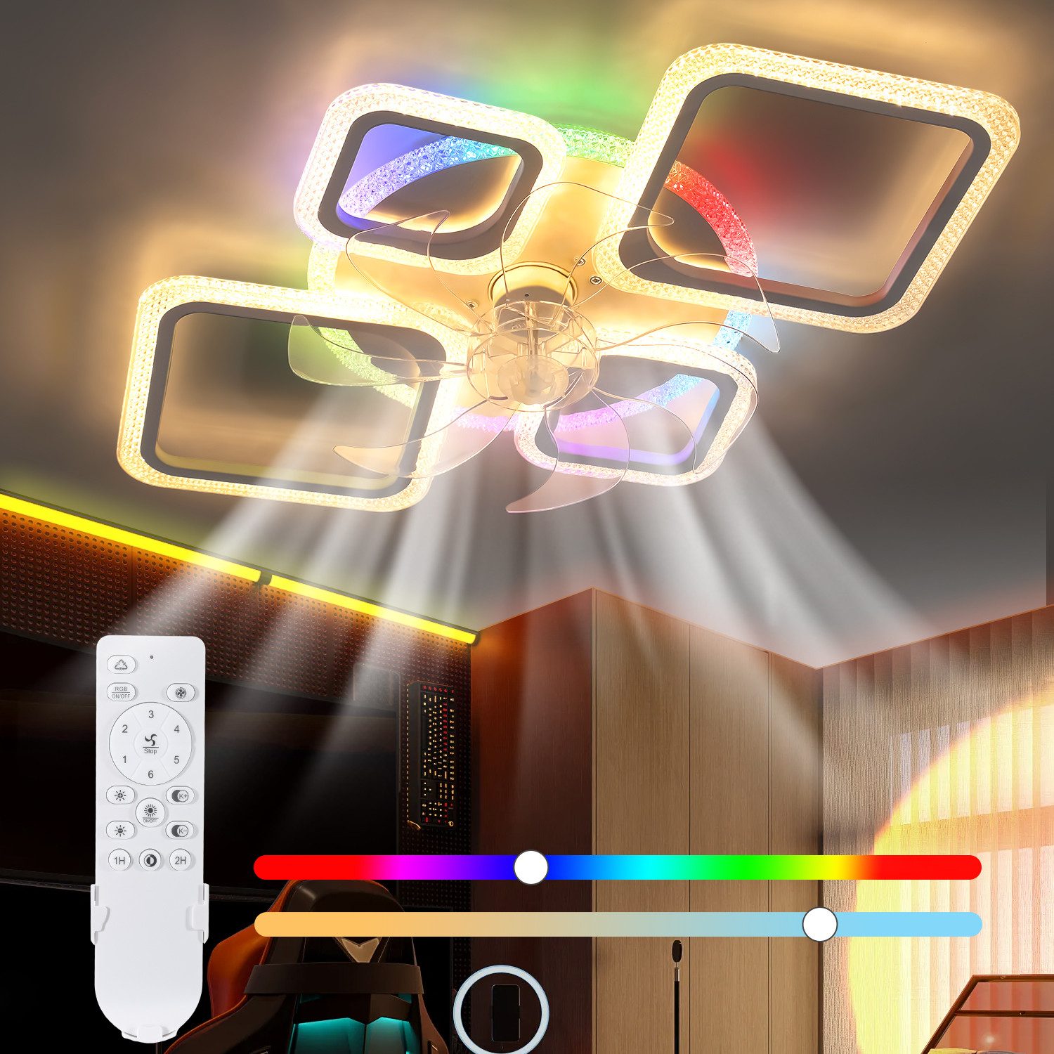 oyajia Deckenleuchte 80W Leise Deckenventilator mit Beleuchtung, RGB dimmbar Deckenlampe, Luftzirkulation, LED fest integriert, Warmweiß, Naturweiß, Kaltweiß, RGB, 75cm Deckenventilator mit RGB Backlight, 6 Geschwindigkeiten, Timer