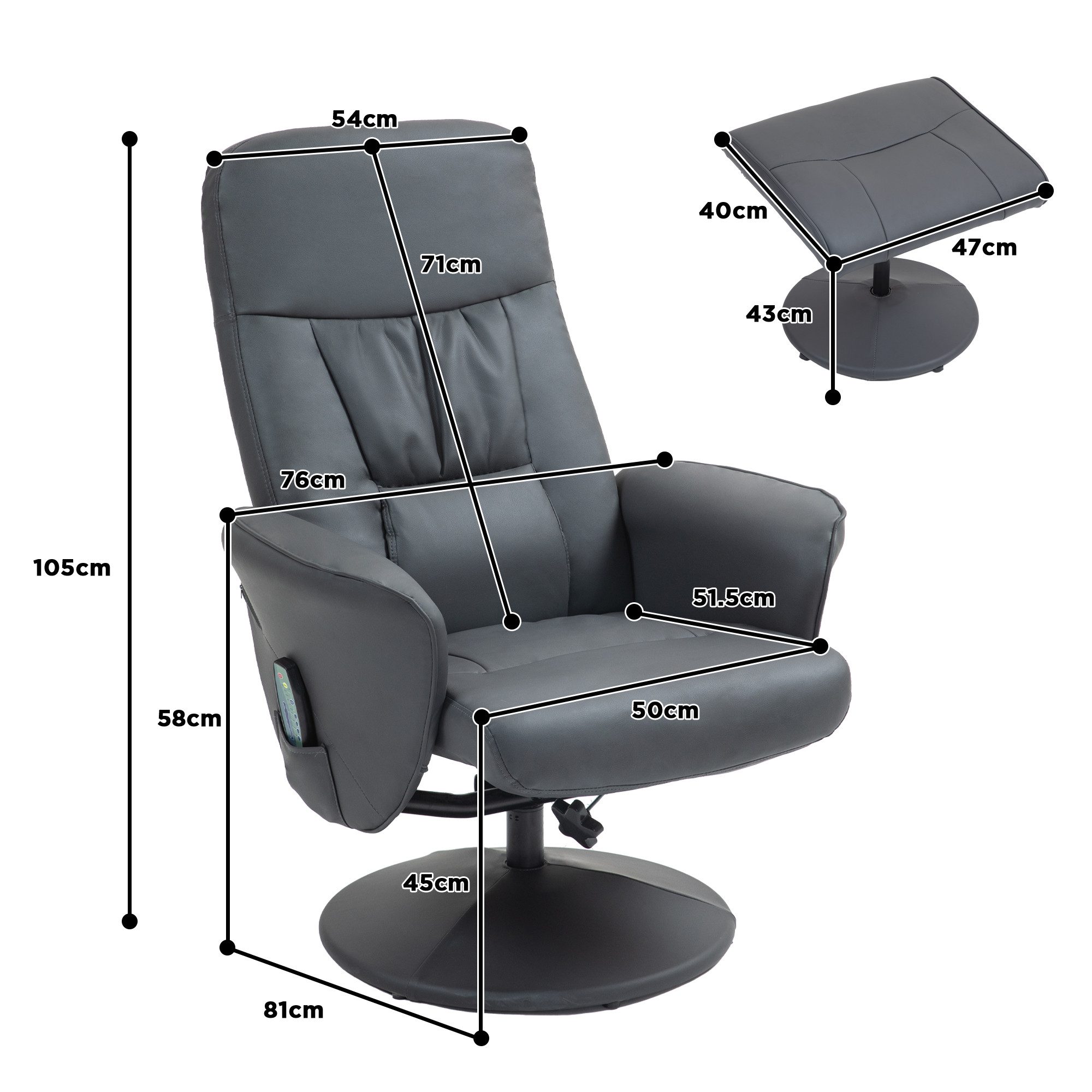 HOMCOM Massagesessel mit Fußhocker, Liegefunktion, 10 Massagepunkte (Relaxsessel, 2-St., Fernsehsessel), mit Seitentasche, Fernbedienung, Kunstleder, Dunkelgrau