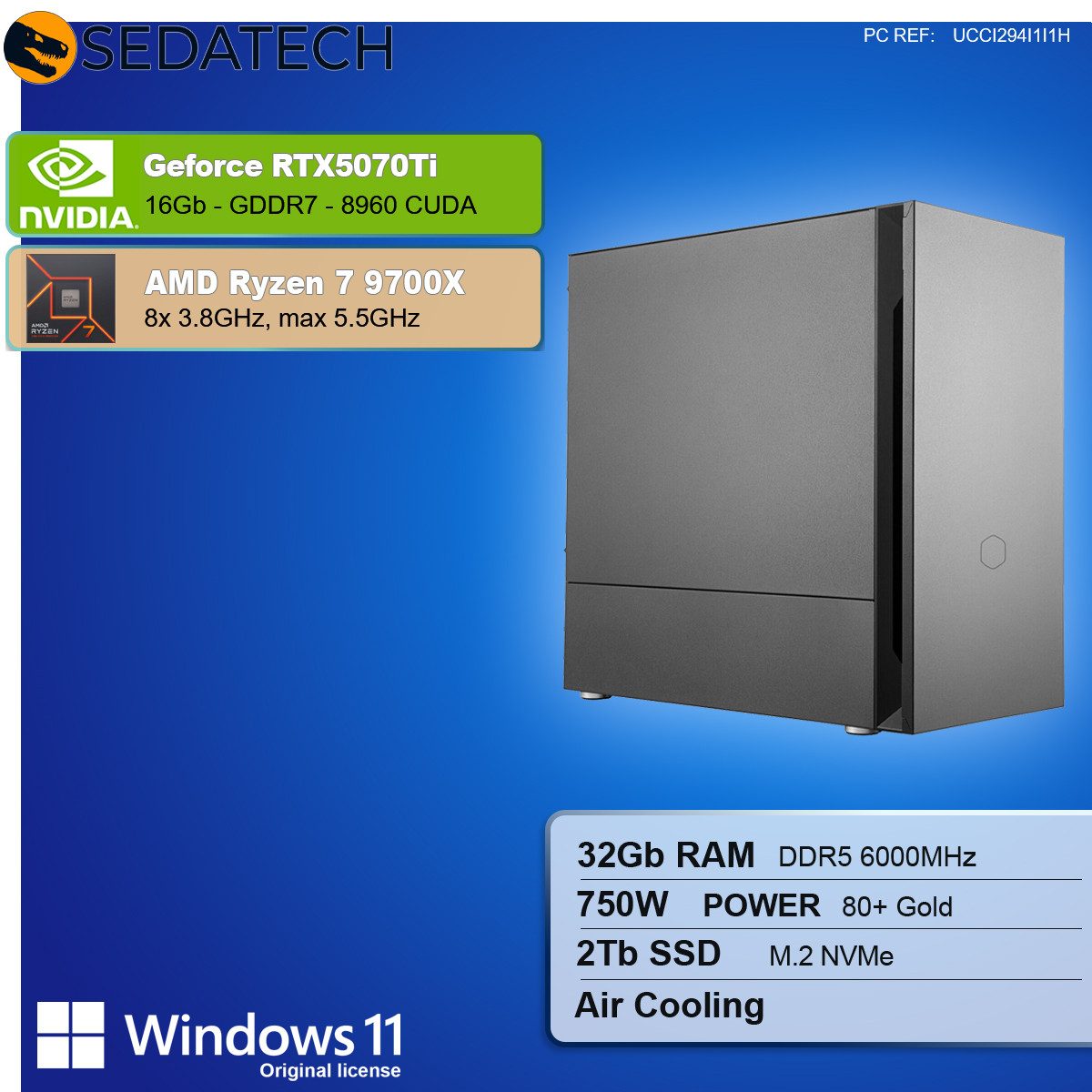 Sedatech UCCI294I1I1HF - Gaming-PC (AMD Ryzen 7 9700X 8x 3.8GHz (max 5.5GHz), Geforce RTX5070Ti 16GB, 32 GB RAM, 2000 GB SSD, WiFi 6E)