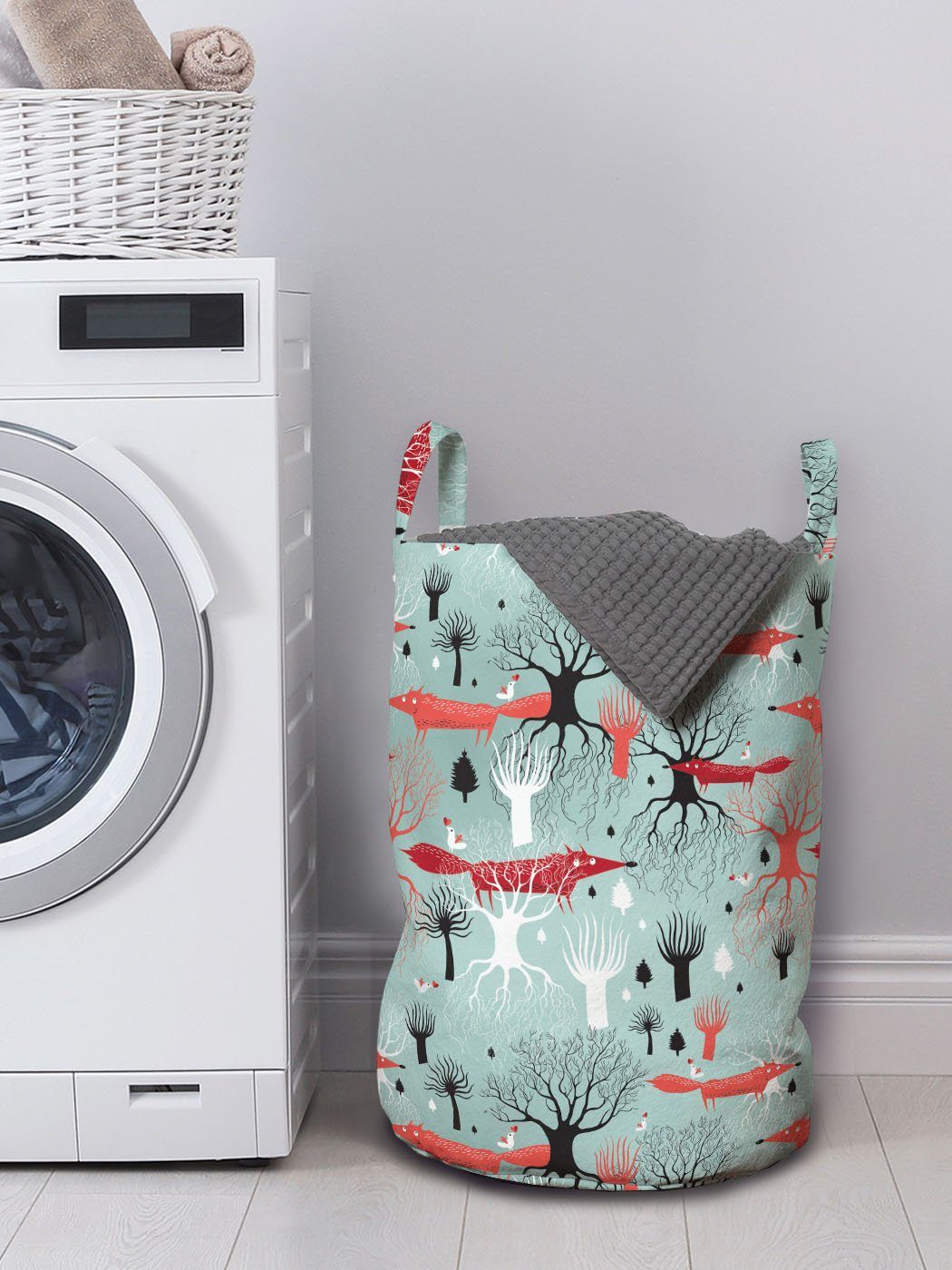 Waschsalons, für Wäschesäckchen im Wäschekorb mit Griffen und Füchse Wald Vögel Kordelzugverschluss Tier Abakuhaus