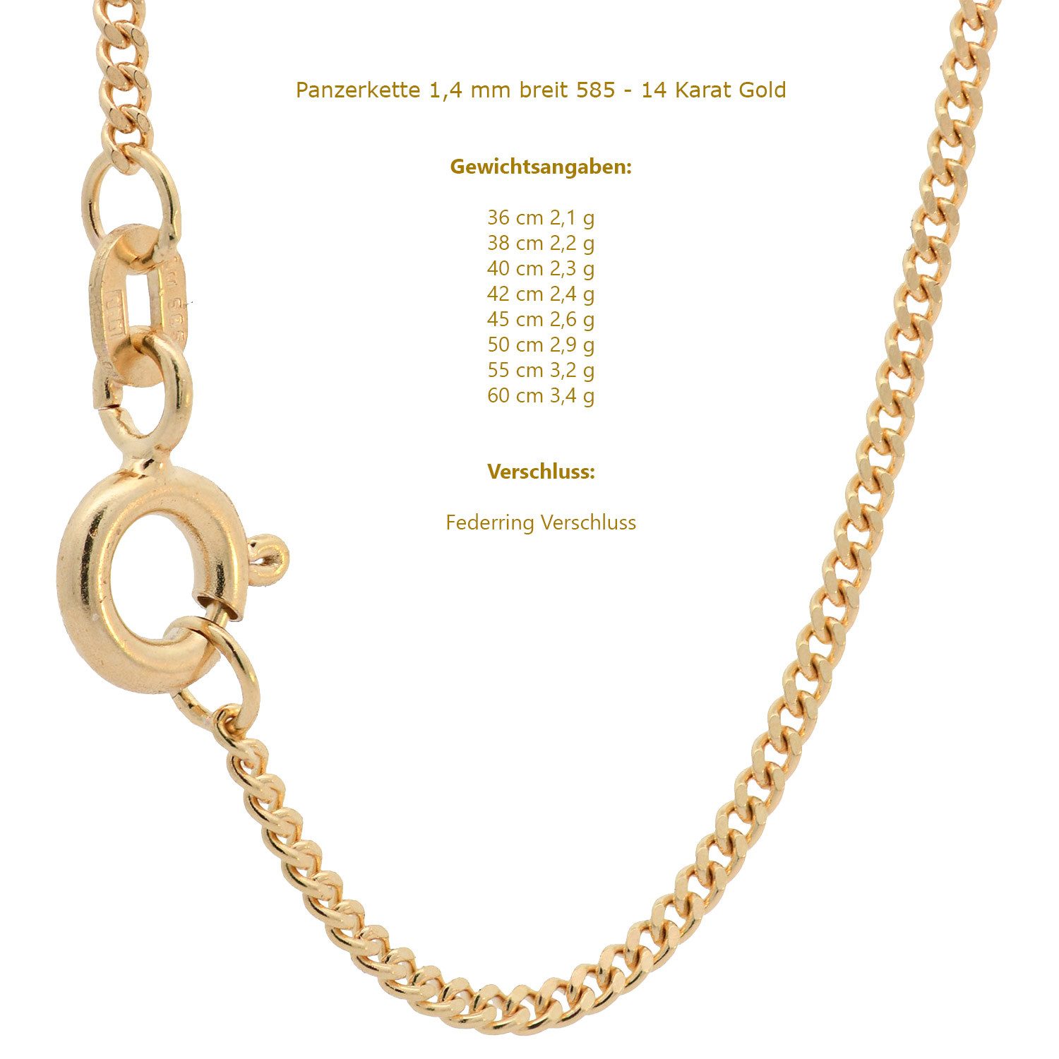 HOPLO Panzerkette Goldkette Panzerkette Halskette Breite 1,4 mm 36 cm 585-14 Karat Gold, Made in Germany – Bild 5 von 5
