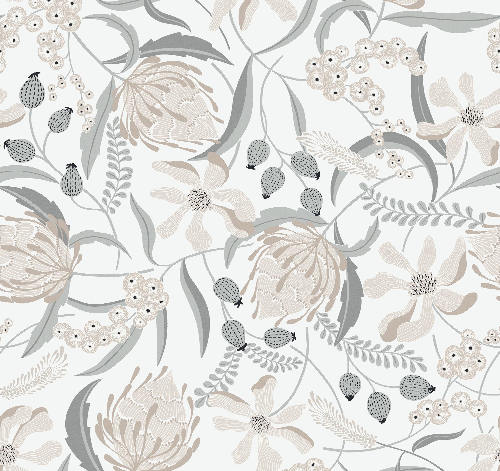 Rasch Fototapete Blätter, Blumen, Blüten & Ranken - Vliestapete Grau, floral, bedruckt, (1 Rolle, 1 St., Kollektion 'Schöner Wohnen 2' - 3 m x 3,18 m), Lichtbeständige Farben - Feucht abwischbar - Restlost abziehbar