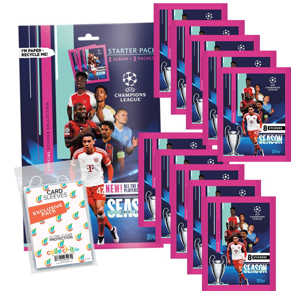 Topps Sammelkarte Champions League 2023/24 1 Starterpack + 10 Tüten + Collect-it Hüllen
