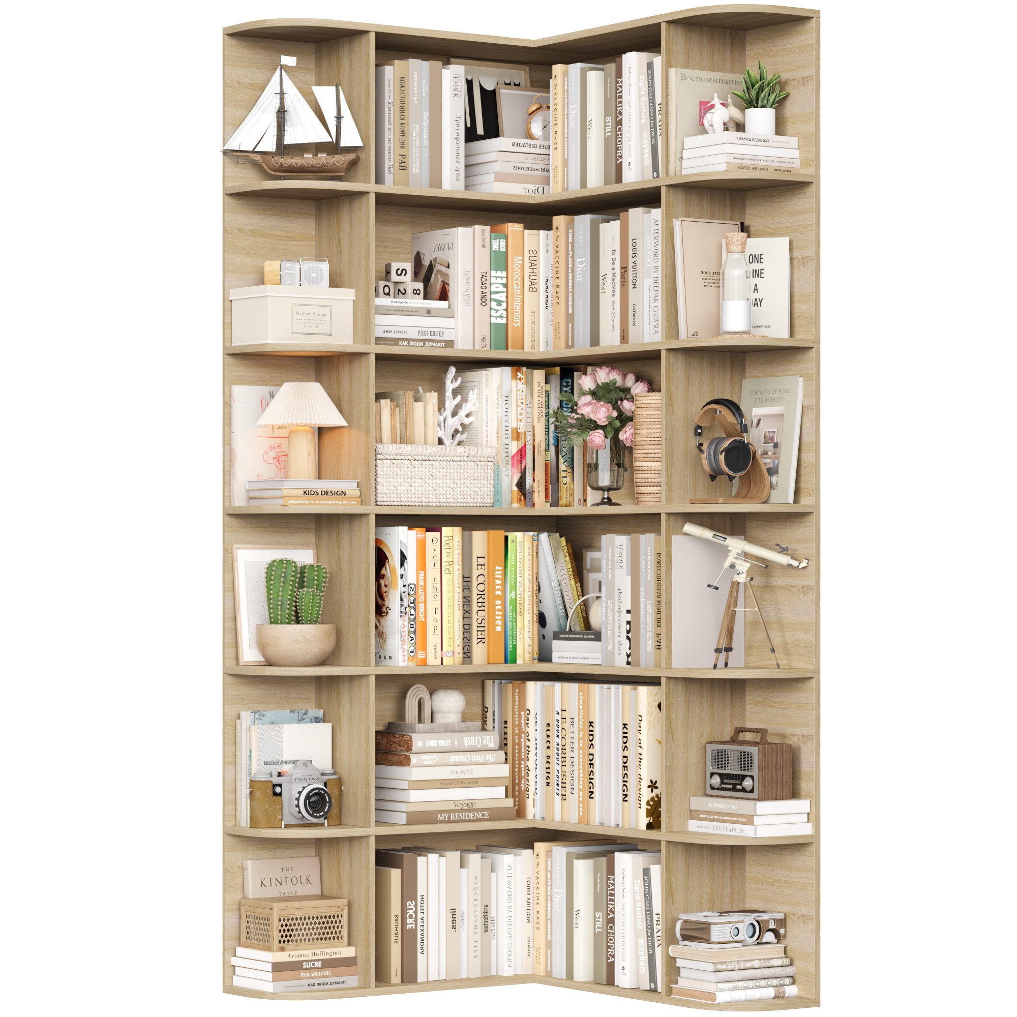 Homfa Bücherregal 185 cm Eckregal Bücherschrank Eckbücherregal, Standregal L-förmiger Eckschrank 80 x 84 x 185 cm, eiche