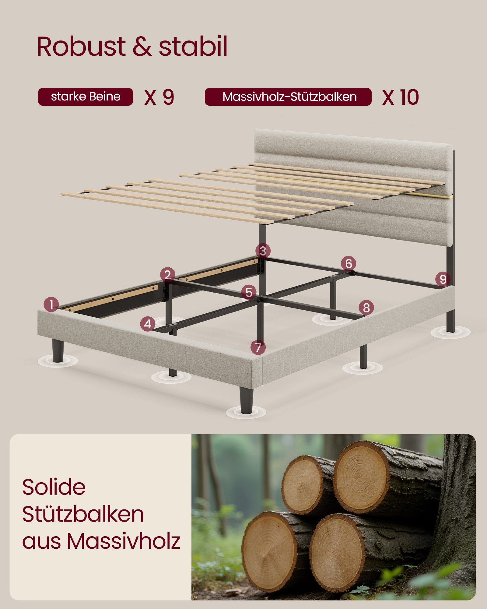 VASAGLE Polsterbett Doppelbettgestell verstellbares gepolstertes Kopfteil, Massivholz, modern, passend für 160 x 200 cm Matratze, Bettgestell – Bild 4 von 5