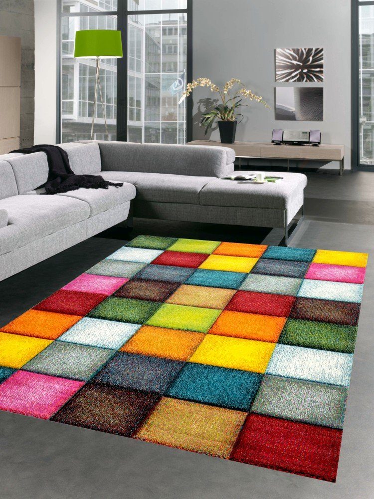 Carpetia Teppich Teppich modern Teppich Wohnzimmer Karo bunt gelb rot blau grün, rechteckig, Höhe: 13 mm