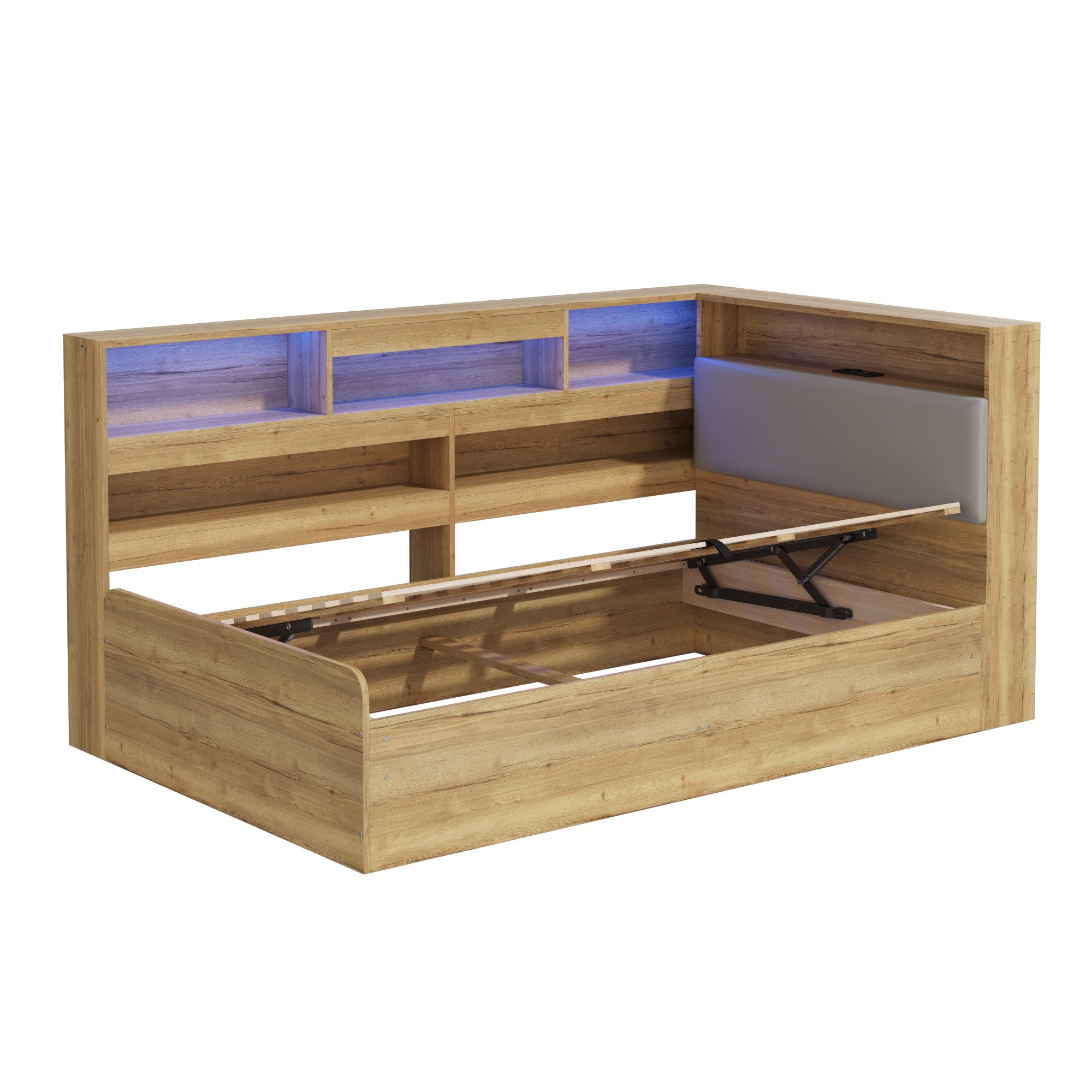 STILVORA Schlafsofa Jugendbett 90×200 Hydraulisches Stauraumbett Daybett mit USB, Hydraulischer Bettkasten, LED-Beleuchtung, USB/Type-C Ladefunktion