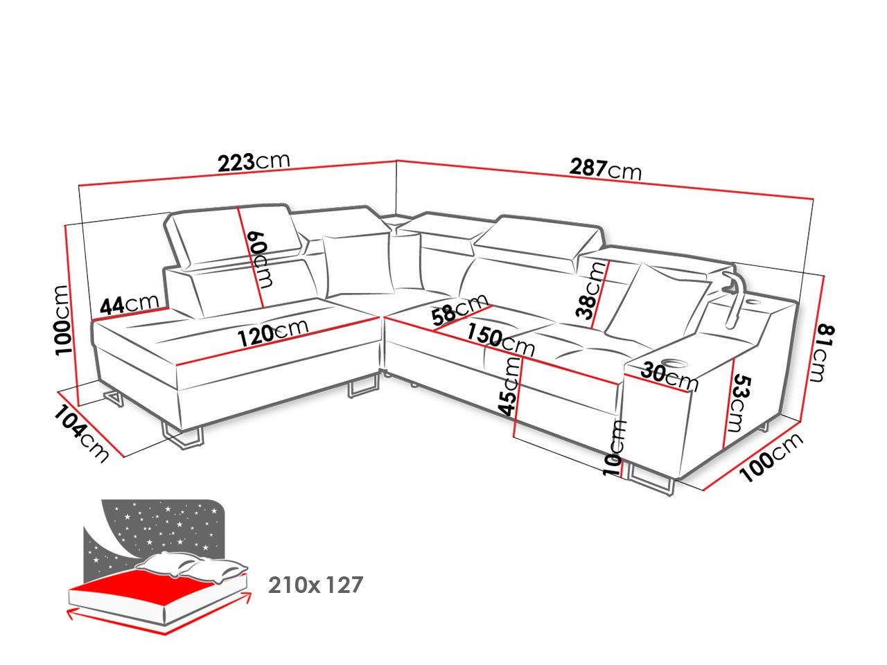 MIRJAN24 Ecksofa Alicante VII, mit 2951 Lampe Uttario Barfach, Uttario Bettkasten 2954 USB-Anschluss, + Velvet Velvet Kopfstützen, + Uttario 2951 Schlaffunktion, und Einstellbare Velvet