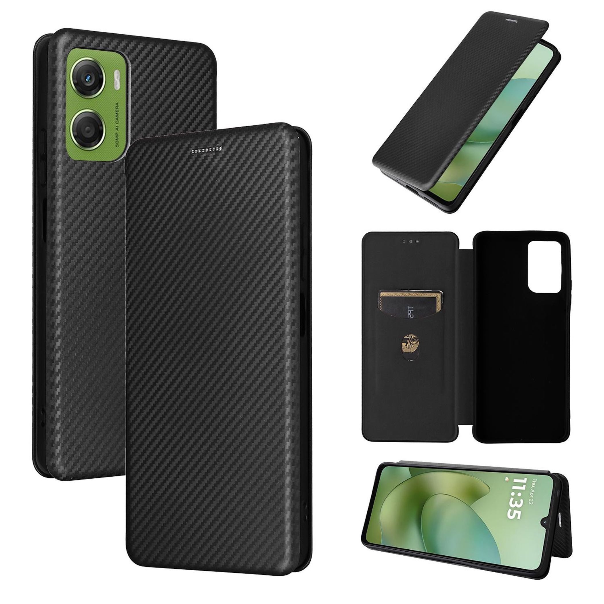 Wigento Smartphone-Hülle für Motorola Moto G06 4G / G06 Power 4G Carbon Textur Flip Kunstleder, Carbon Faser Flip Schutzhülle mit Kartenfach und Ständer