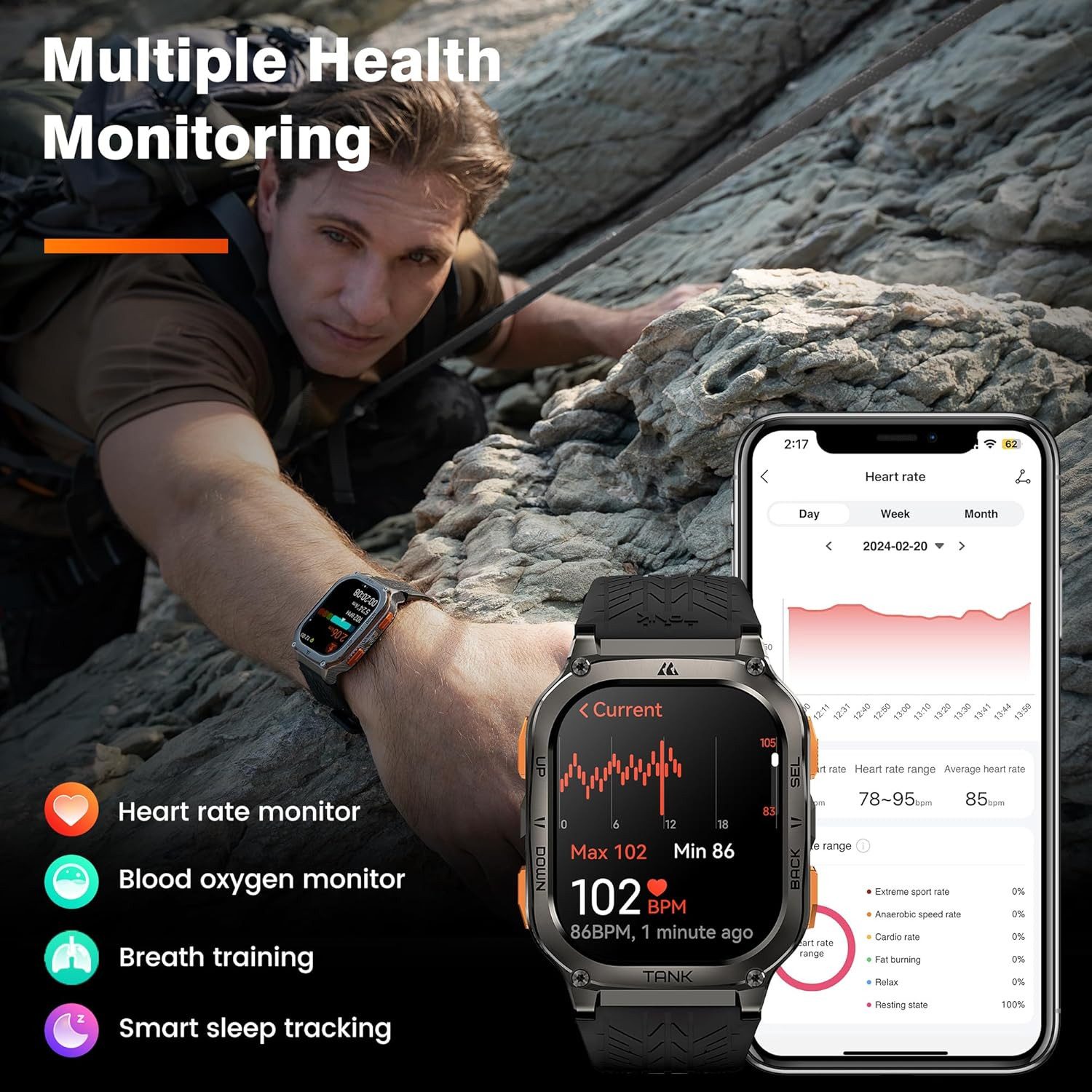 KOSPET TANK M3 Ultra Smartwatch (4,9 cm, Android iOS), Military Smartwatch mit AMOLED Display, 170 Sportmodi, IP69K Schutz