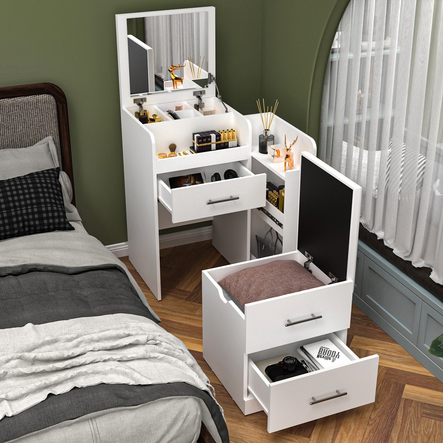 oyajia Schminktisch 3 in 1 Schminktisch mit Hocker, Klapp-Nachttisch, 5 Schubladen, Weiß (Aufklappbarer Spiegel Kosmetiktisch mit Schubladen, Fächern & Hocker), 60 x 42 x 80 cm Modern Schminktisch-Set fürs Schlafzimmer