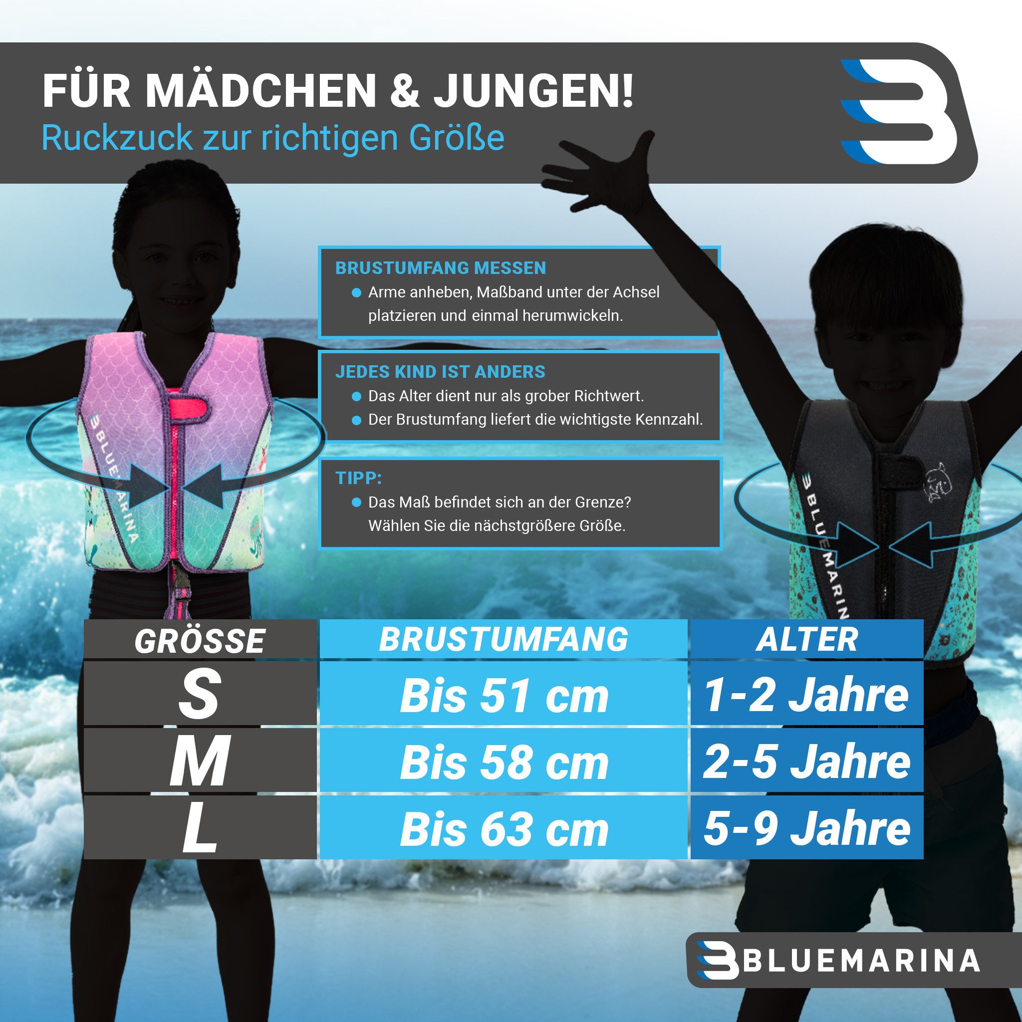 Bluemarina Schwimmweste für Kinder - Verschiedene Größen von Kleinkind bis Baby, Schwimmlernhilfe - Schwimmhilfe - Schwimmflügel - 1-9 J.