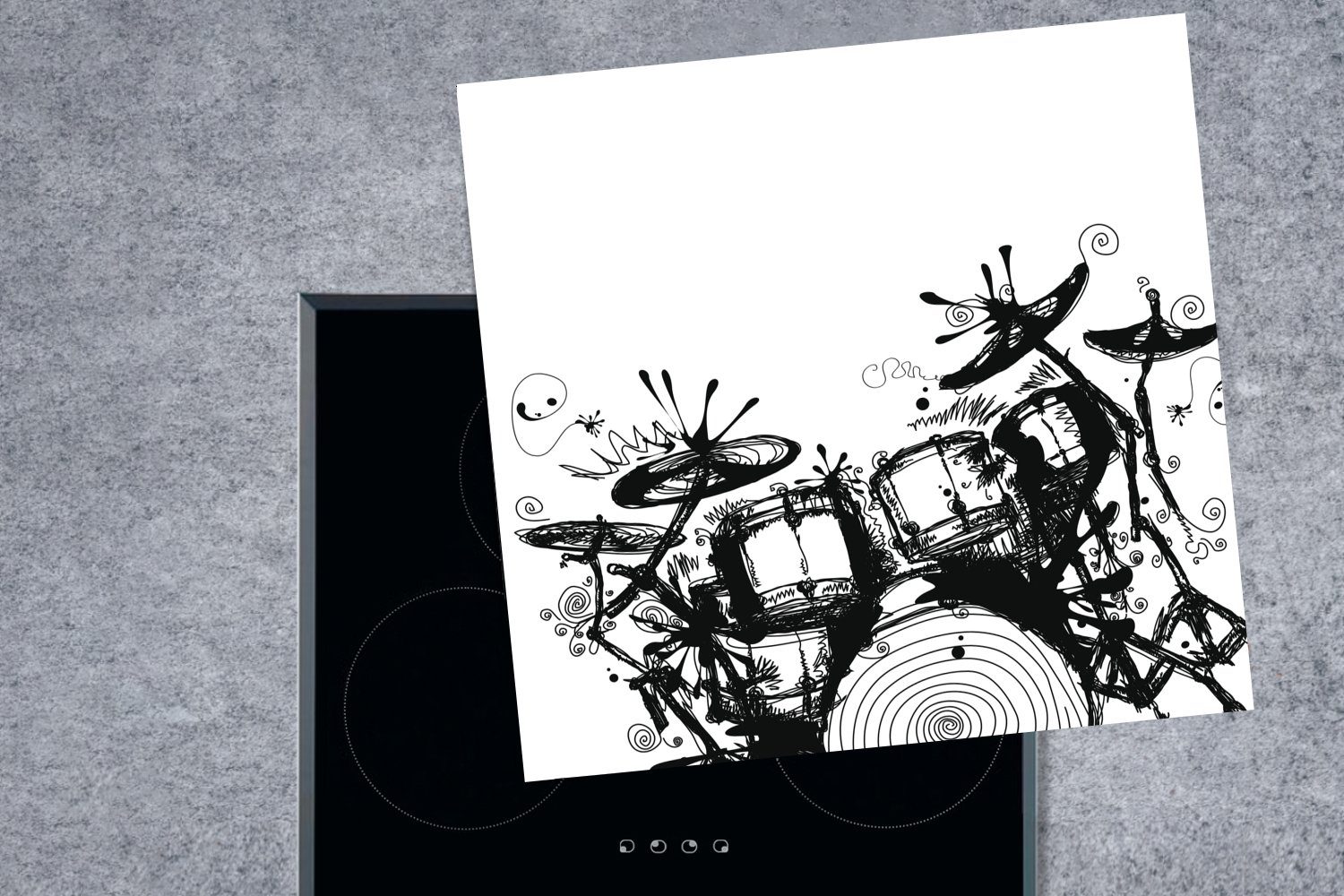Vinyl, MuchoWow cm, Schlagzeugs, (1 Ceranfeldabdeckung, Schwarze tlg), für Herdblende-/Abdeckplatte Arbeitsplatte Illustration weiße eines küche und 78x78