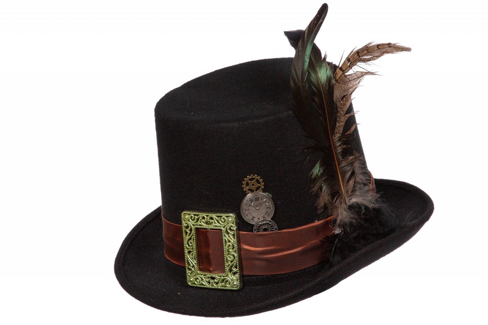 Wilbers Steampunk Zylinder mit Federn, Schwarz - Hut Zube