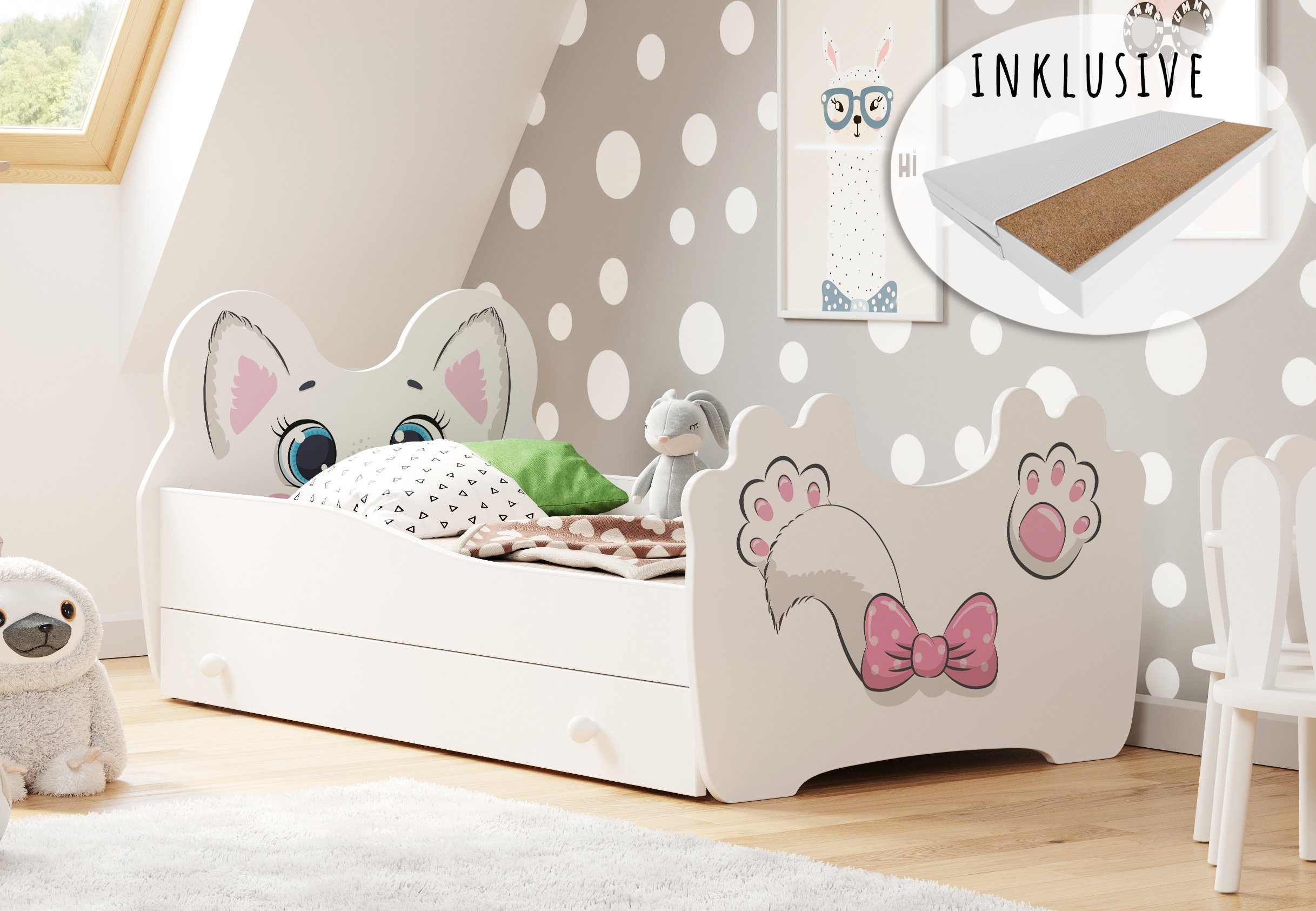 Kids Collective Kinderbett Jugendbett 70x140 80x160 mit Matratze, Schublade und Lattenrost, 140x70 cm, MDF-Holz Made in Europe, Motiv Katze