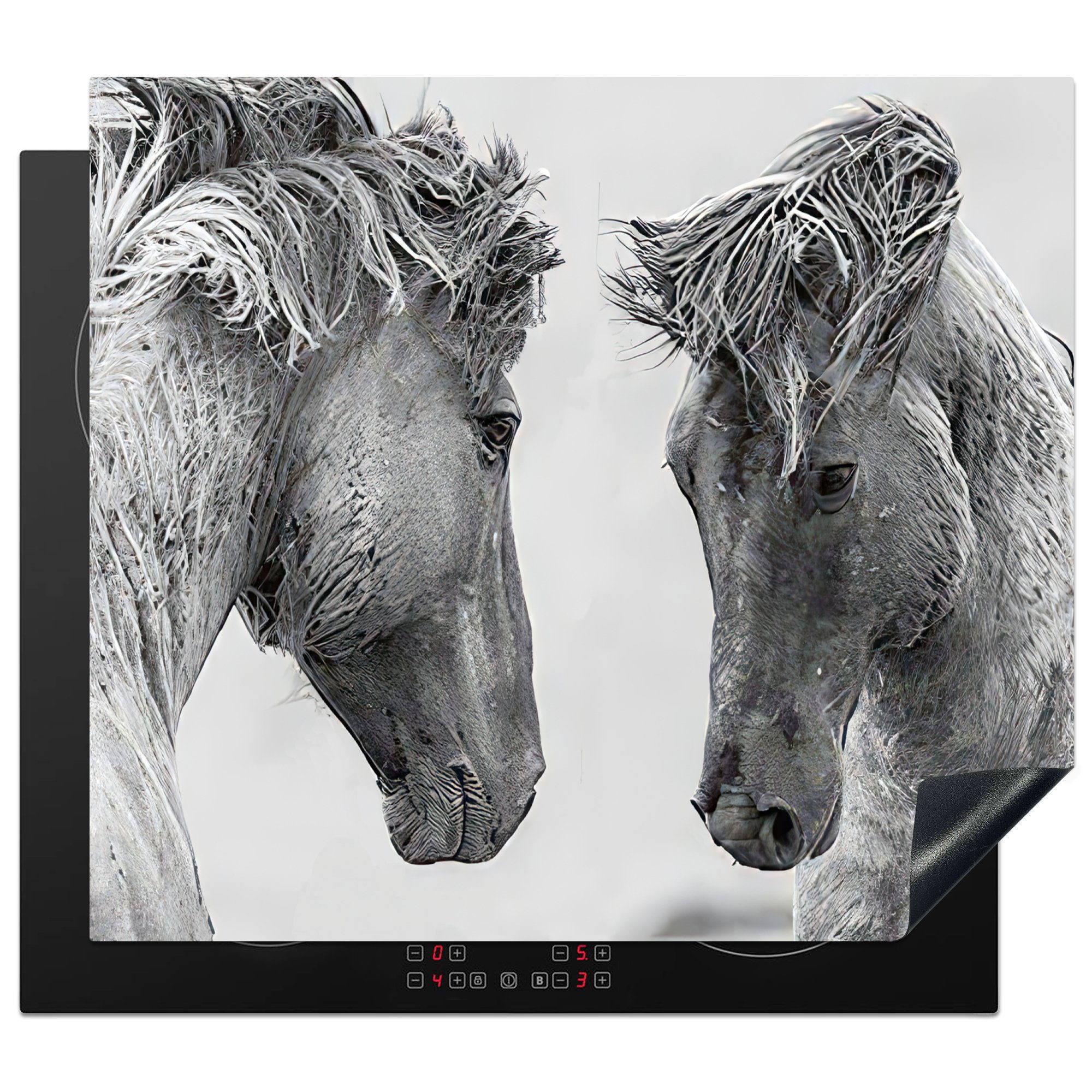 MuchoWow Herdblende-/Abdeckplatte Pferd - Schwarz und weiß - Tiere, Vinyl, (1 tlg), 60x52 cm, Mobile Arbeitsfläche nutzbar, Ceranfeldabdeckung