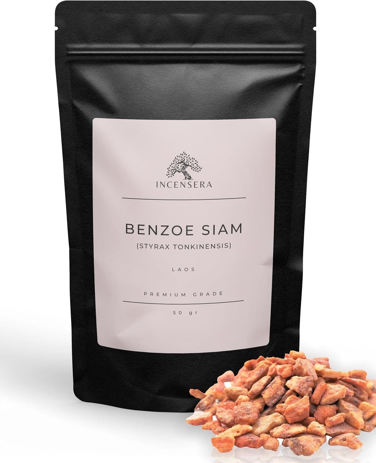 Incensera Räucherstövchen Benzoe Siam Harz 50g Natürliches Räucherharz für Aromatherapie Nutzung, naturbelassen, ohne Zusätze, handverlesen, wiederverschließbar