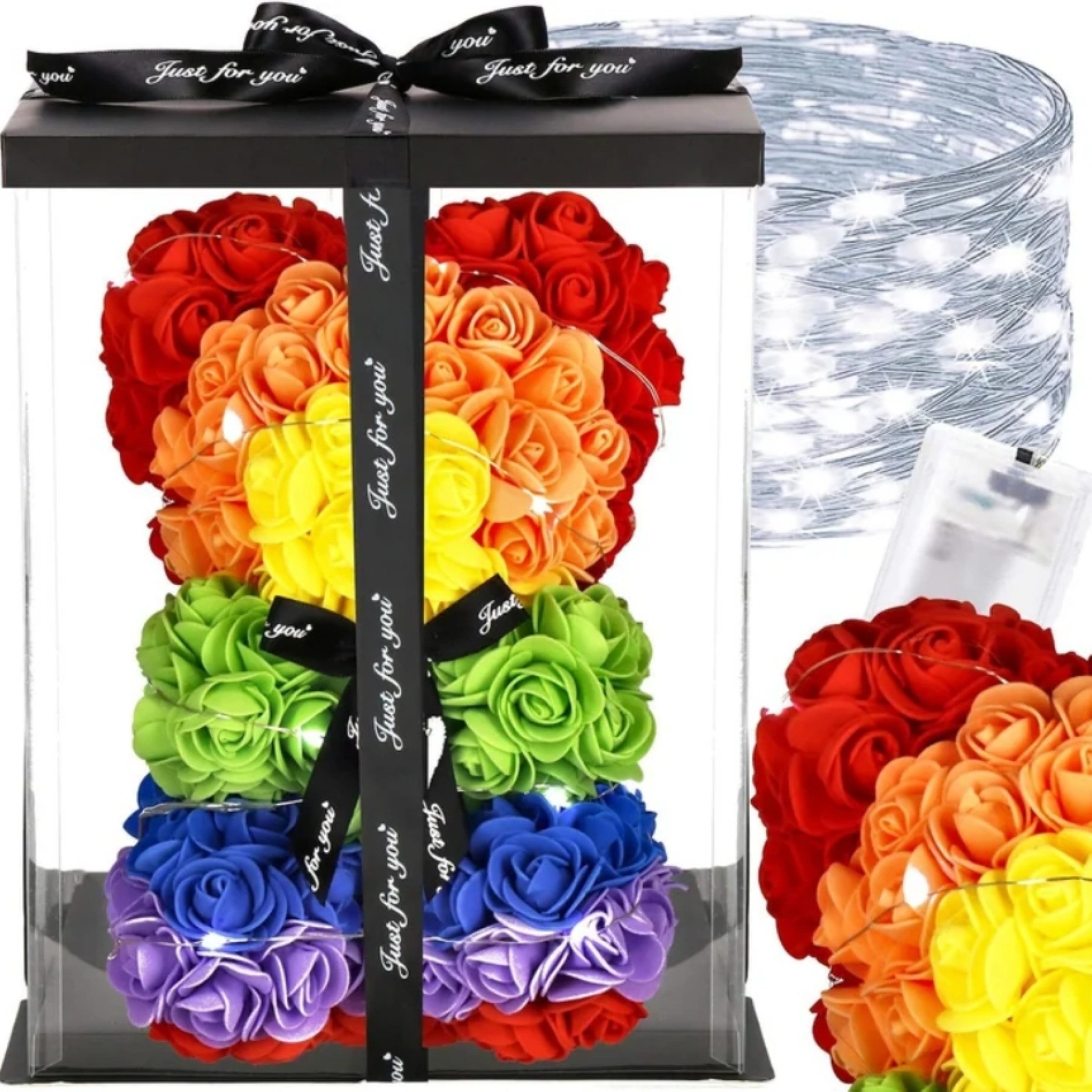 AMORE MIO LED Dekoobjekt Rosenbär 25 cm LED Regenbogen Geschenkbox Valentinstag Teddy, LED fest integriert, LED Regenbogen Rosenoptik dekorativ Geschenkfertig Teddy Figur