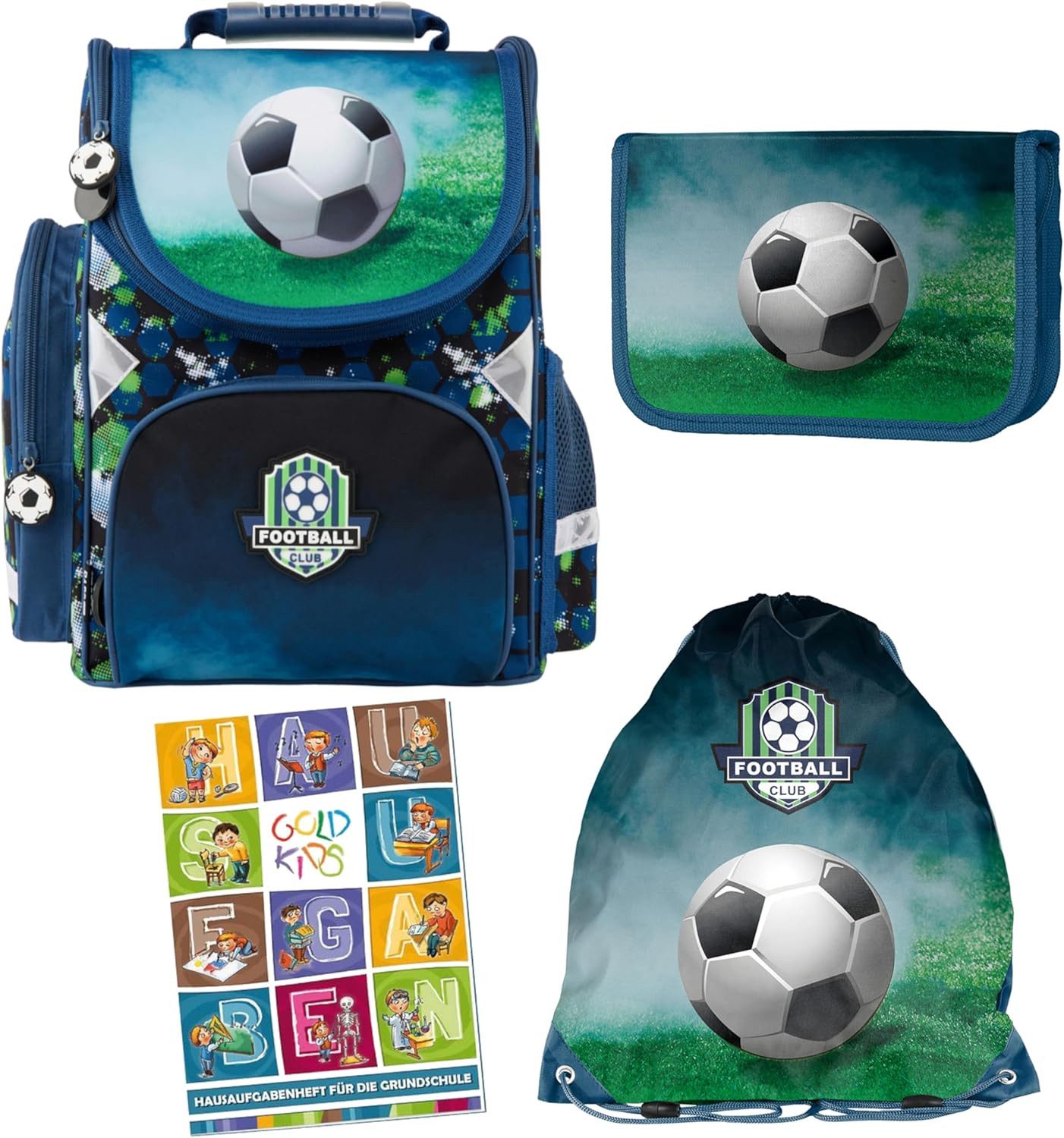 GOLDKIDS Schulranzen für Jungen, 4er- (Federmäppchen - Schuhbeutel und, 1-tlg., Hausaufgabenheft - Fußball Motiv - 1-3), Klasse