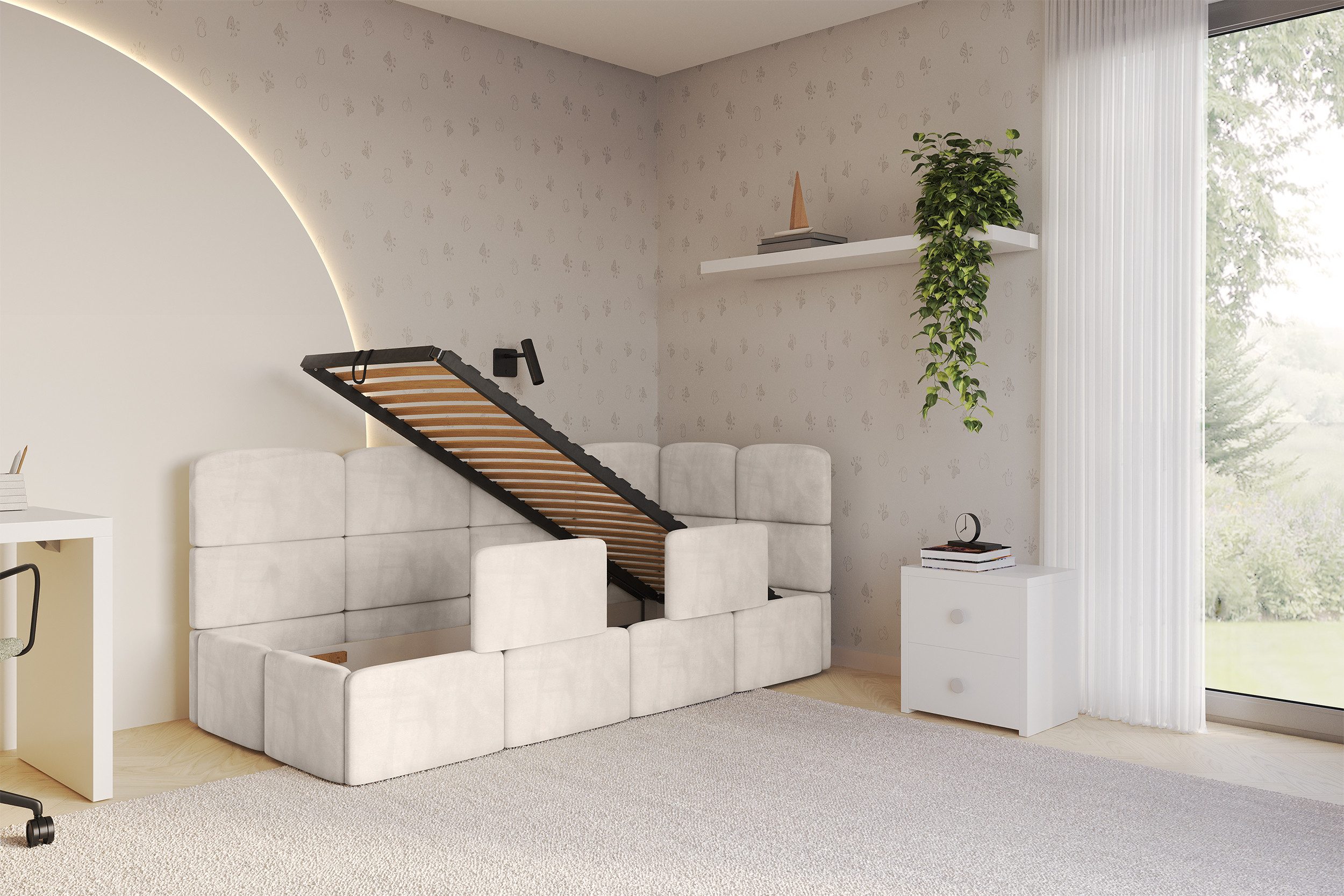 ALTDECOR Jugendbett KIVY (Jugendbett mit Bettkasten und Lattenrost, Polsterbett ohne Matratze), Einzelbett mit Stauraum, Bett mit Kopfteil