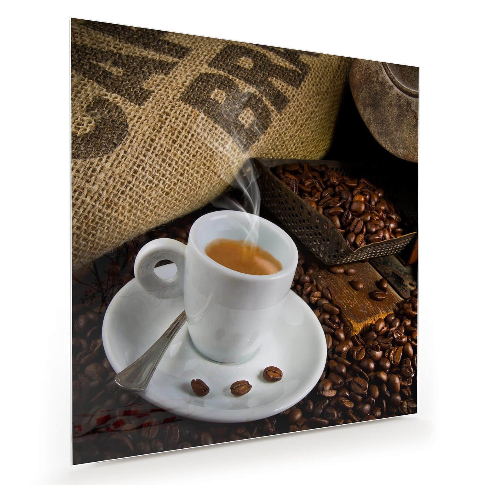 Glasbild Wandbild Quadratisch Kaffeetasse und Kaffeebohnen mit Aufhängung
