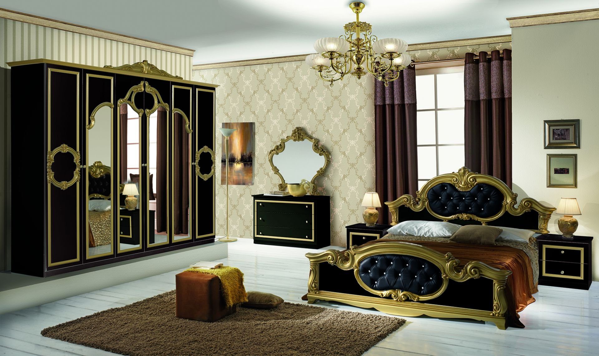 Interdesign24 Schlafzimmer-Set Barokko, (im klassischen Barock Stil, 4-Teilig), Schwarz/Gold Hochglanz