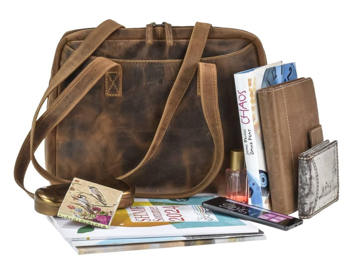 Greenburry Umhängetasche "Vintage" Shopper Damen Leder 35x27cm antikbraun, Handtasche im used Look mit langen Schlaufen