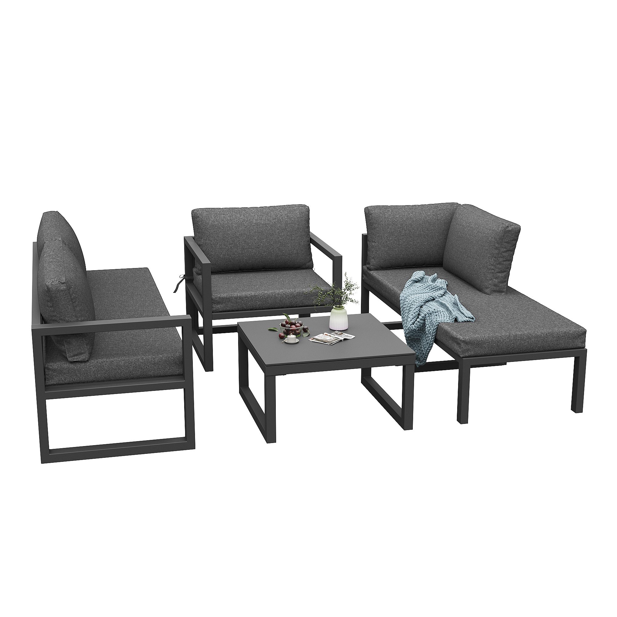 MODFU Gartenlounge-Set Ecksofa,mit verzinktem Eisengestell, (inkl. Polsterkissen, verstellbaren Beinen, wasserfestem Seilbezug, für Balkon & Terrasse, modernes Design für den Außenbereich., 4-tlg), mit Relaxfunktion