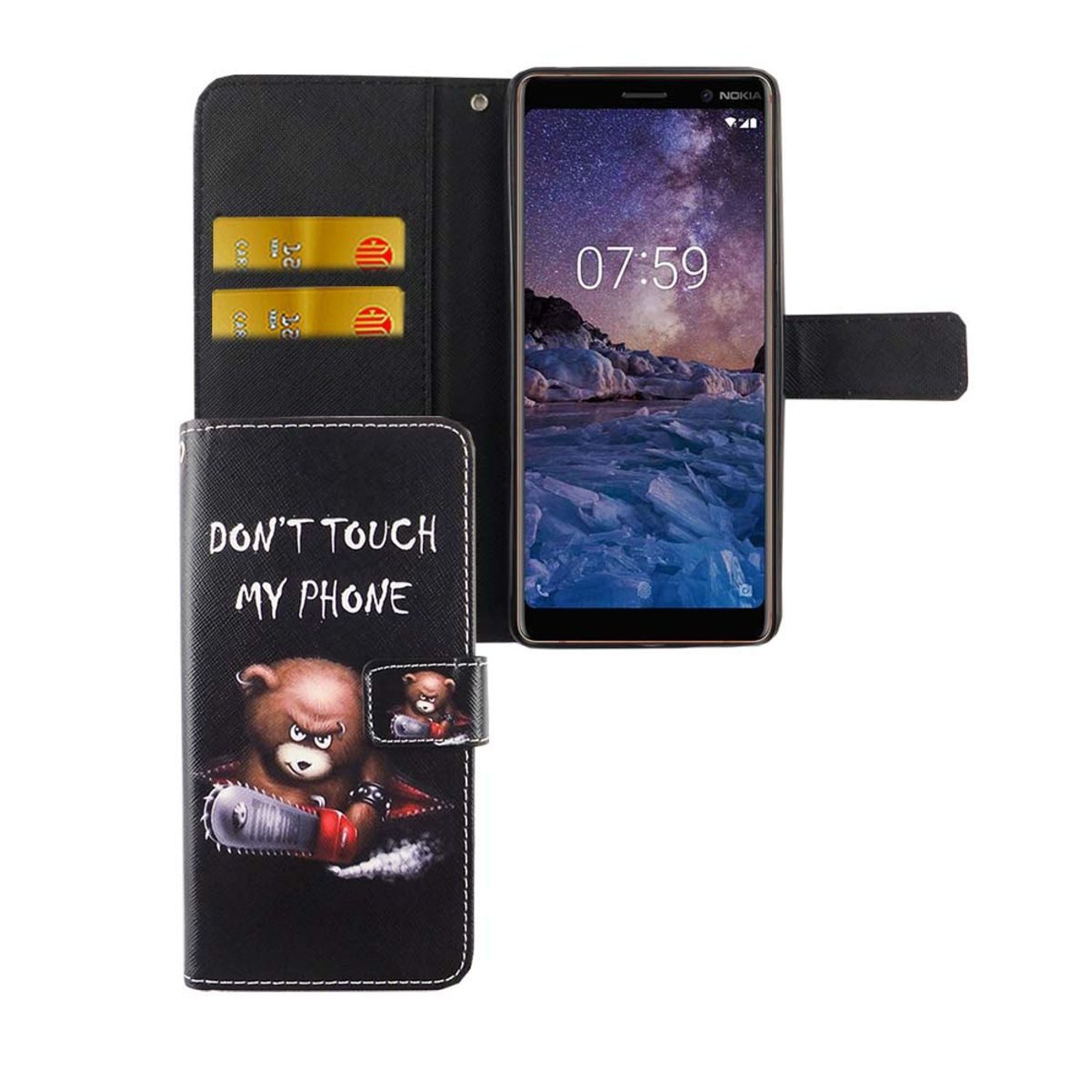 König Design Handyhülle Nokia 7 Plus, Nokia 7 Plus Handyhülle Bookcover Schwarz