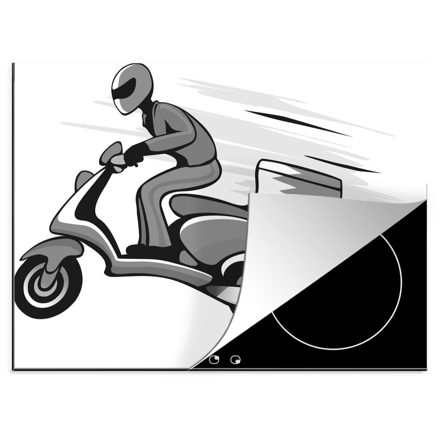 MuchoWow Herdblende-/Abdeckplatte Eine Illustration eines Motorrollers bei Geschwindigkeit - schwarz und, Vinyl, (1 tlg), 70x52 cm, Mobile Arbeitsfläche nutzbar, Ceranfeldabdeckung