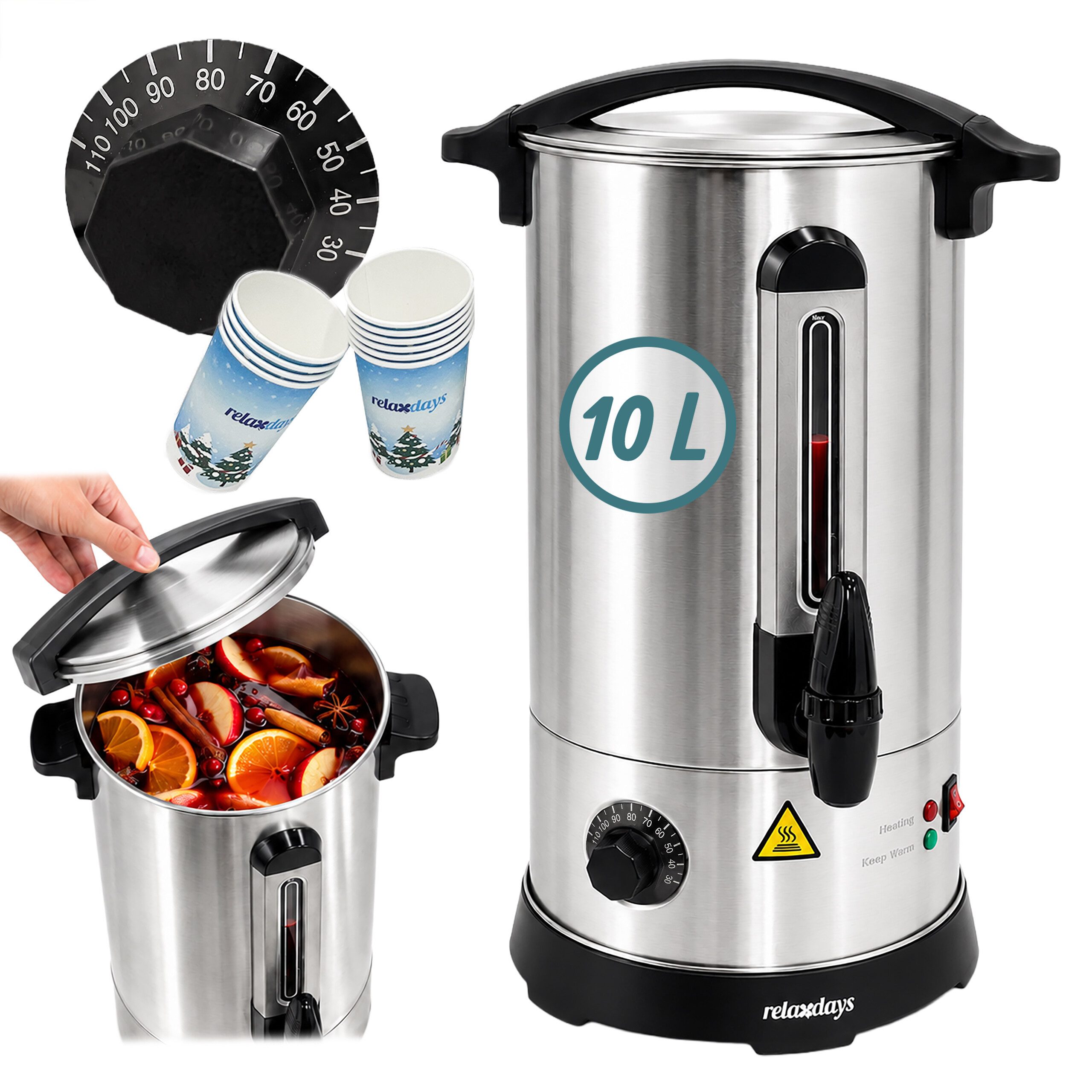 relaxdays Heißgetränke- und Glühweinautomat Glühweinkocher aus Edelstahl, 1500 W, 10 Liter