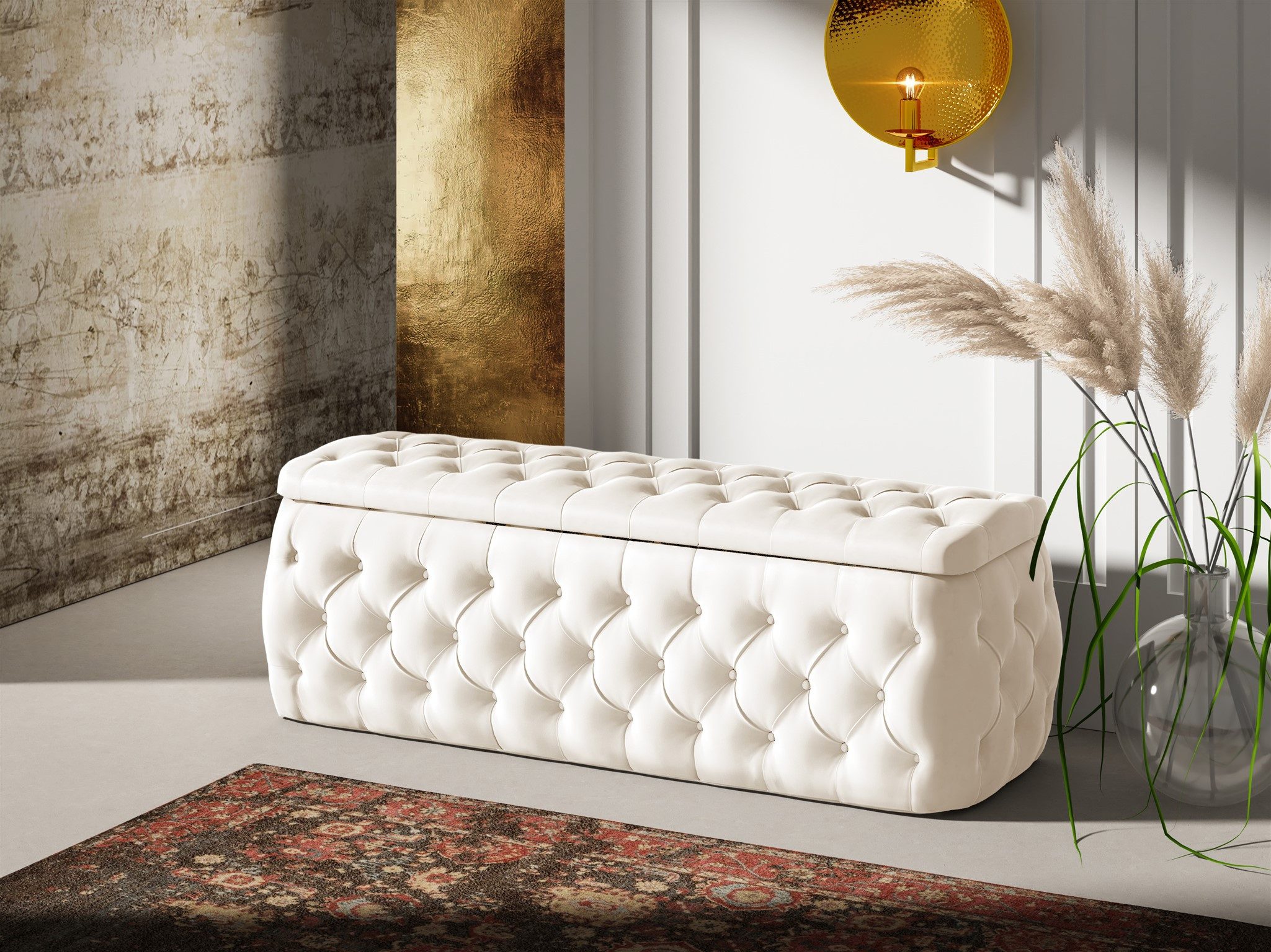 Fun Möbel Boxbett Schlafzimmerbett ERNESTO Nr.4 in Stoff Elisa Velvet (inkl. Topper, inkl. Bettkästen), inkl. 2 x Nachttisch mit Glasplatte, Polsterhocker und LED-Beleuchtung