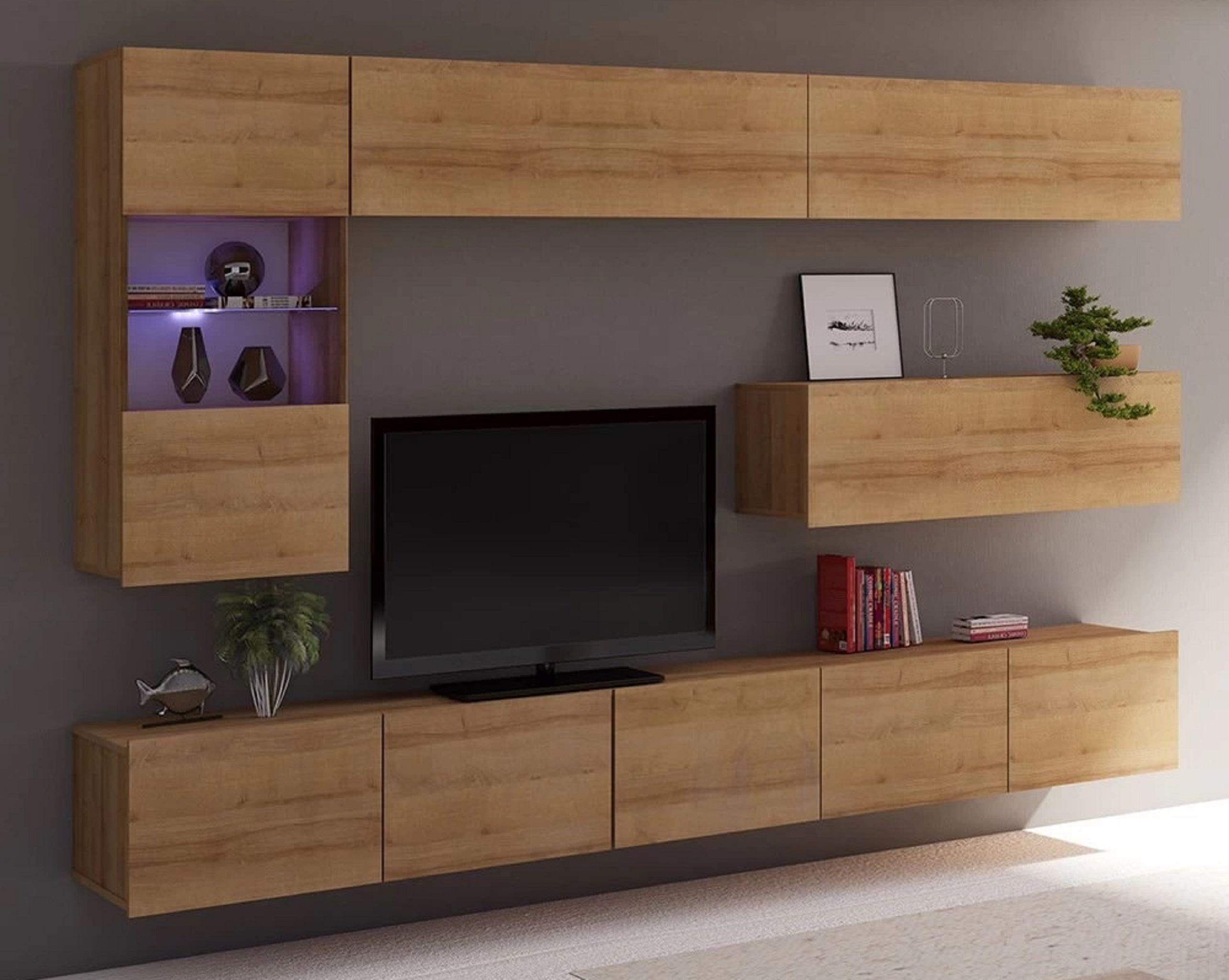 Furnix TV-Wand PUNE 4 Mediawand, Möbelwand, Wohnwand 6 teilig 2,55 m Auswahl, Hochglanz, ohne LED
