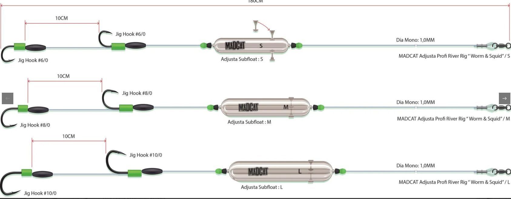 Madcatz Wurmhaken MADCAT Adjusta Profi River Rig Worm & Squid / Wallervorfach