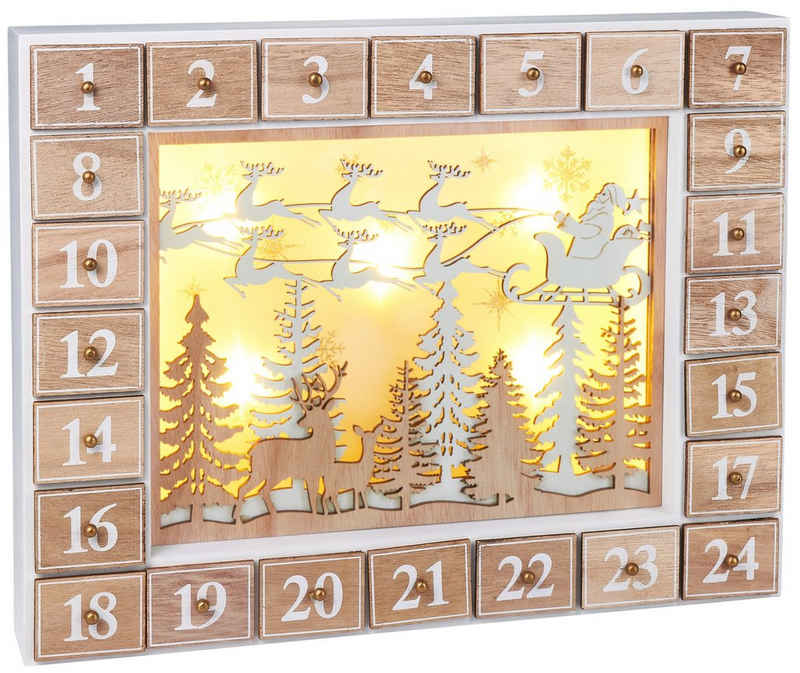 BRUBAKER befüllbarer Adventskalender Holz Weihnachtskalender zum Befüllen mit LED-Beleuchtung - 35,5 cm (1-tlg), Kalender Weihnachten - Fliegender Weihnachtsmann