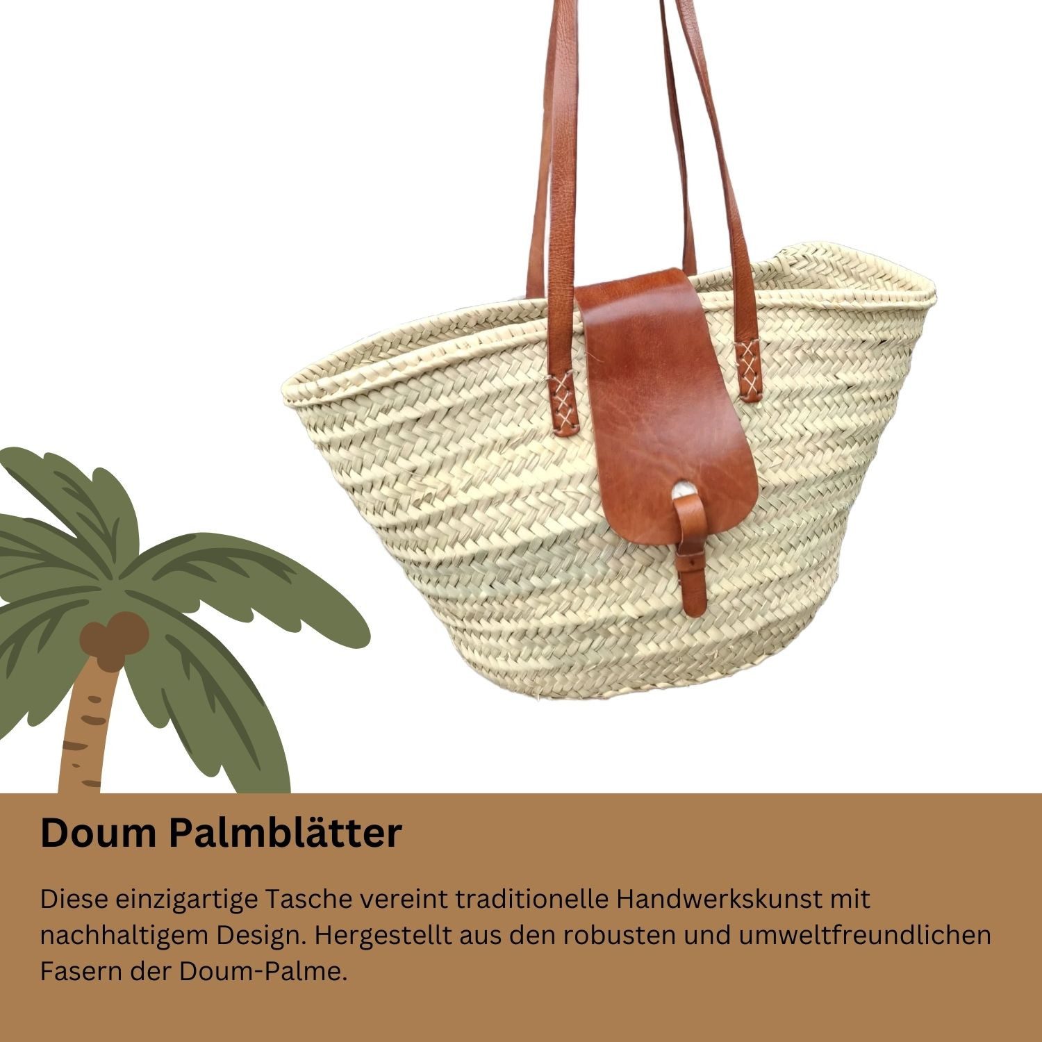 Marrakesch Orient & Mediterran Interior Korbtasche Ibiza Korbtasche Solana modern aus Palmblatt und Leder in Natur 50 cm (1-tlg), Handarbeit