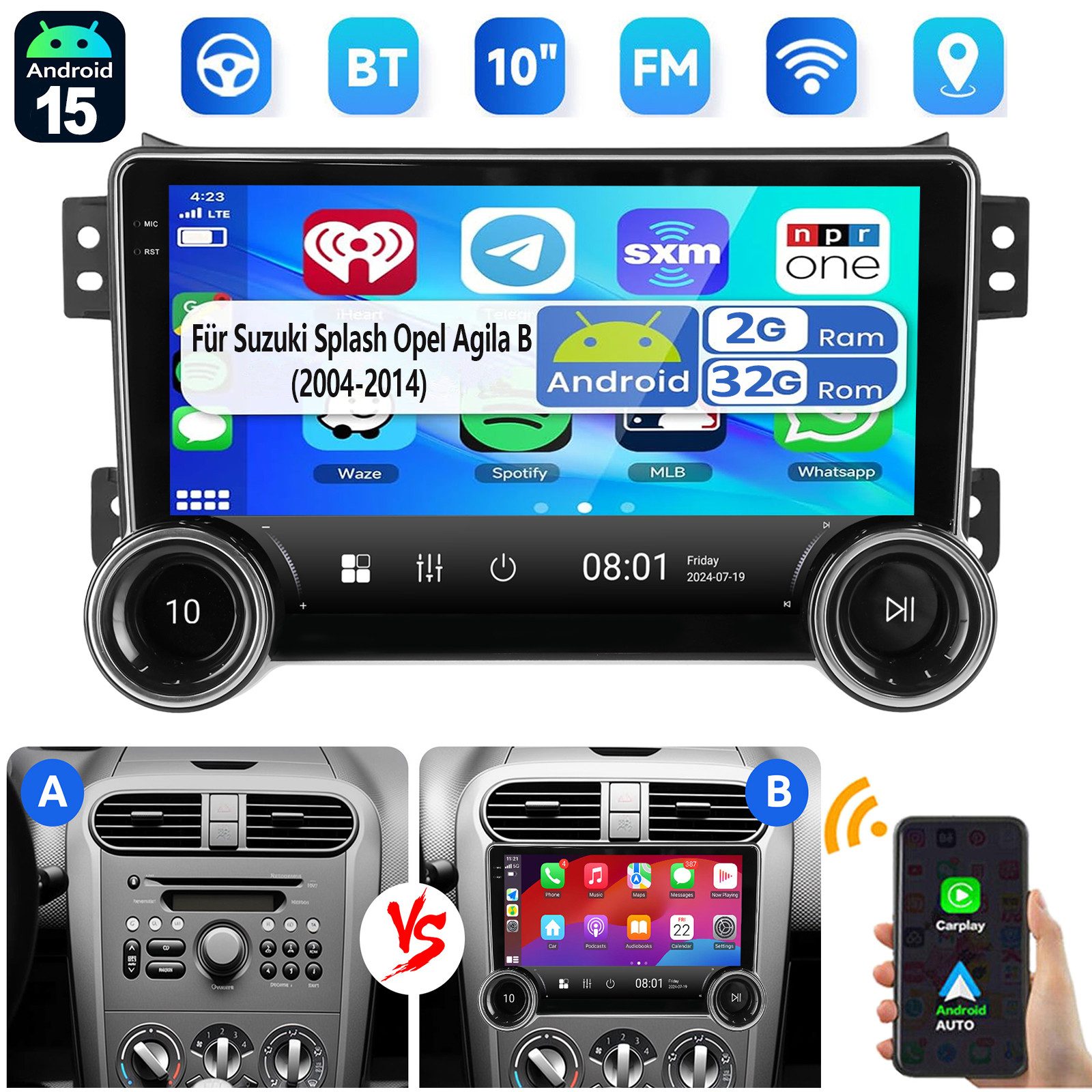 ESSGOO Android 15 für Suzuki Splash Ritz/Opel Agila B 04-14 Carplay GPS Navi Autoradio (Digitalradio (DAB), 4+64GB(optional), RDS, AM, FM, Carplay Android Auto Bluetooth EQ USB GPS Navi WIFI Touchscreen)