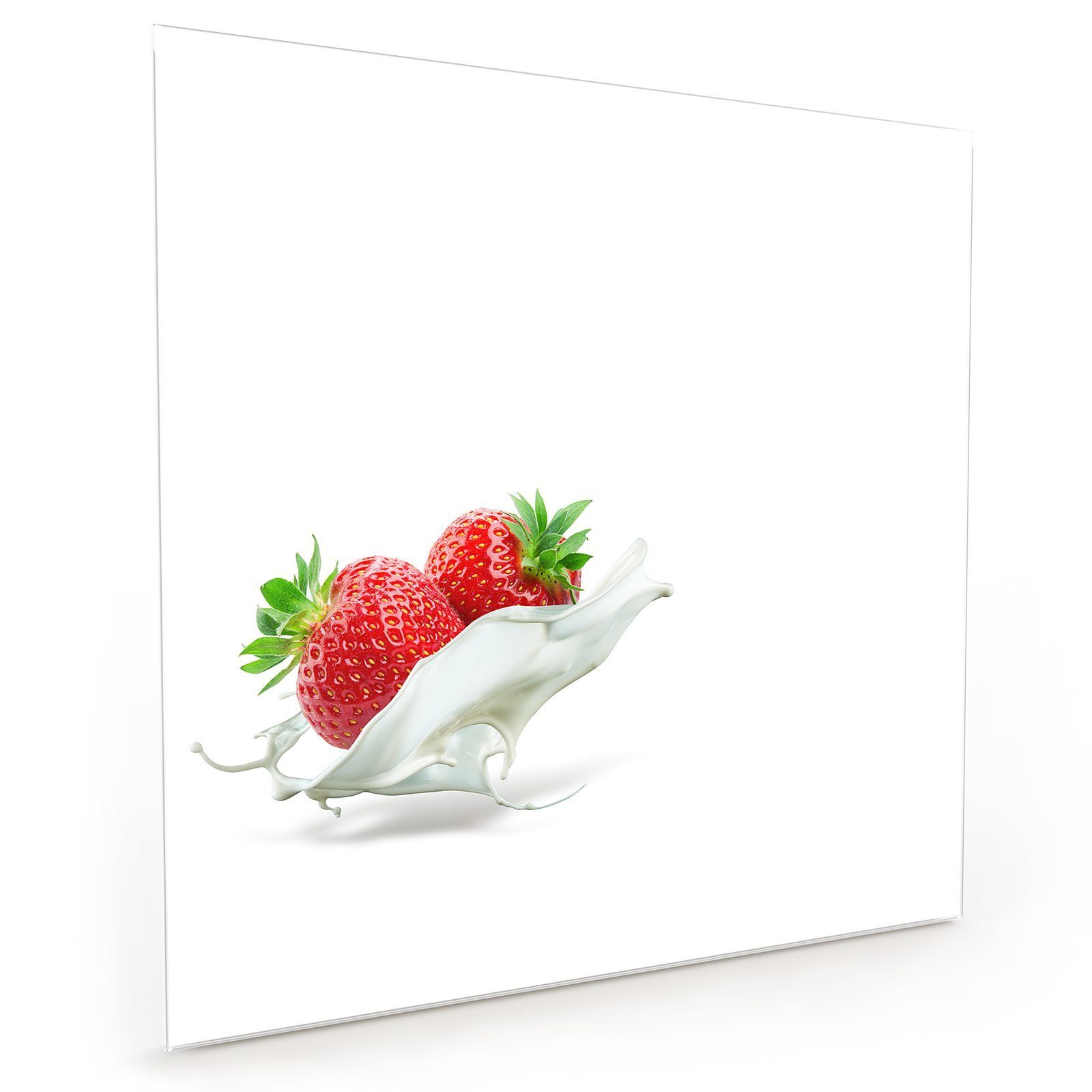 Primedeco Küchenrückwand Küchenrückwand Spritzschutz Glas mit Motiv Erdbeeren im Milch Splash