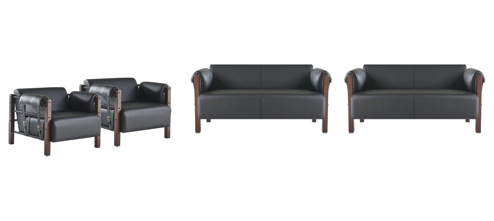 Xlmoebel Polstergarnitur Schwarzes Ledersofa 2-Sitzer Modern mit Holzdetails, (Polstergarnitur, 4-tlg., 2x 2-Sitzer + 2x Sessel), Made in Europa