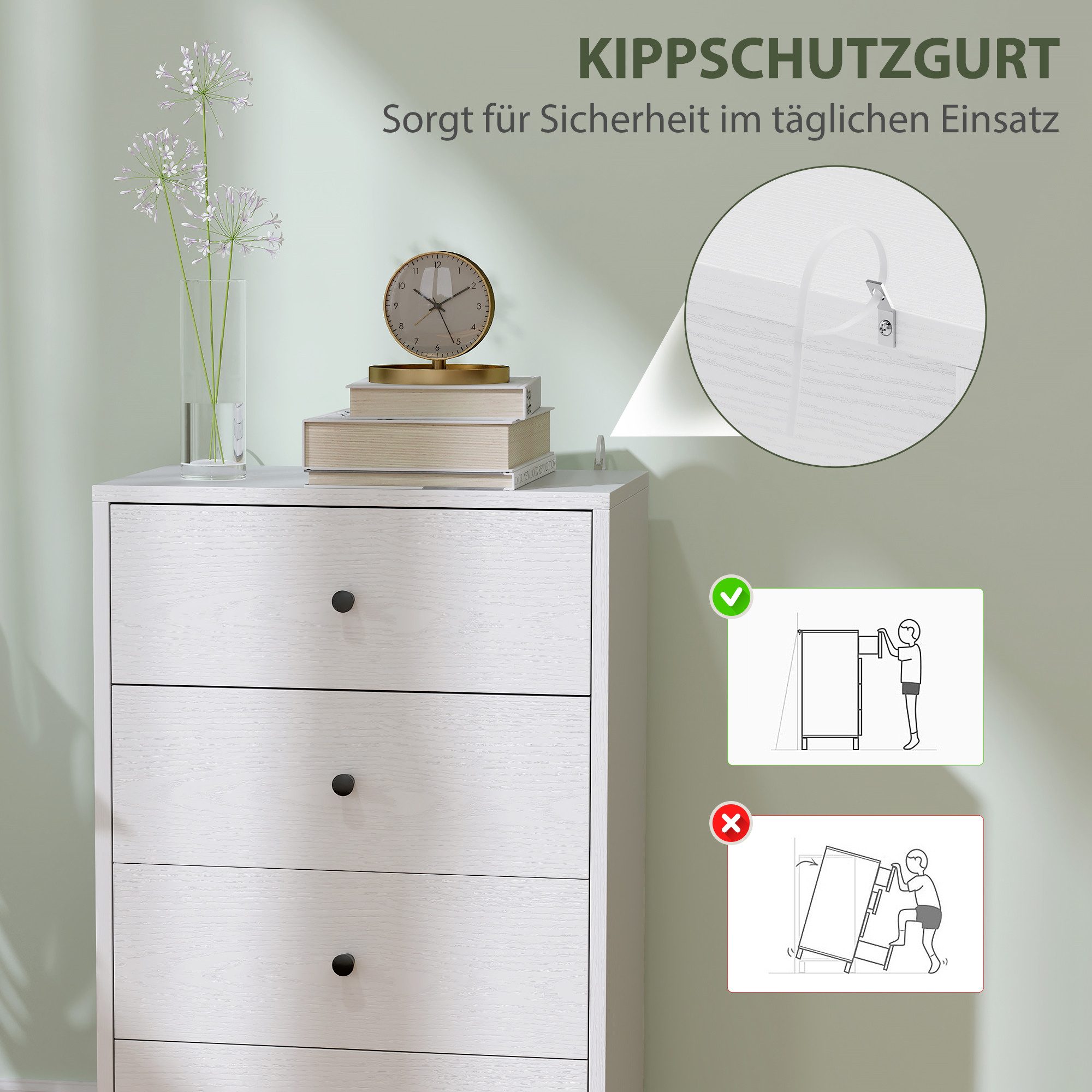 HOMCOM Kommode mit 4 Schubladen Aufbewahrungsschrank im Modern Stil Kommodenschrank (Schrank aus Holzwerkstoff, 1 St., Sideboard), für Wohnzimmer Schlafzimmer F – Bild 5 von 5