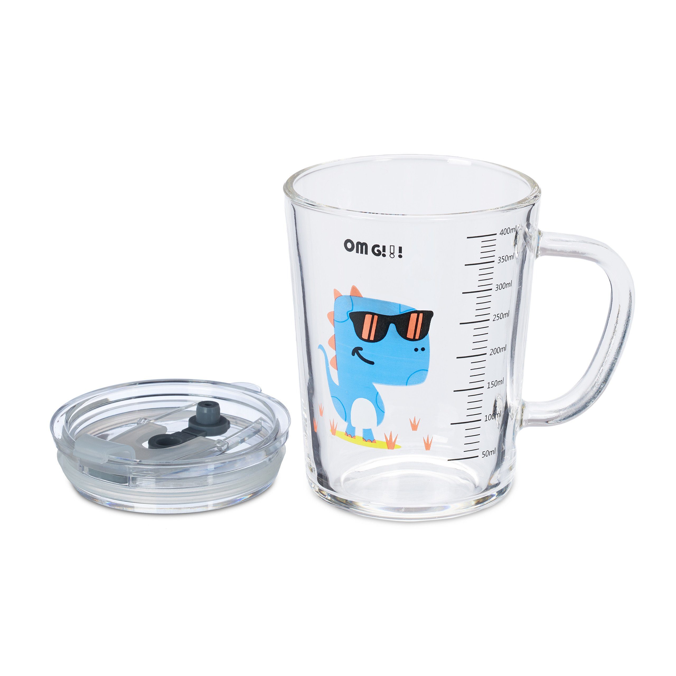relaxdays Kinderbecher 2er Set Kindergläser mit Dinomotiv, Glas