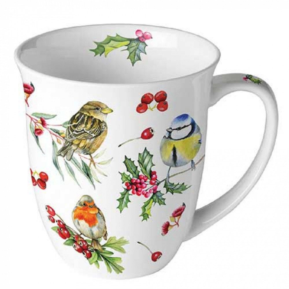 Ambiente Luxury Paper Products Кружки Blumen, Frühling, Vogel, Sommer, Blossom, Mug, Winter Motiv, Porzellan Tasse, Wintervögeln, Gartenvögel,Rotkehlchen, Vögelchen, Кружки 0,4 L Vögel im Winter, Frühling, Herbst, Kollektion, Tischdeko, als Geschenk geeignet